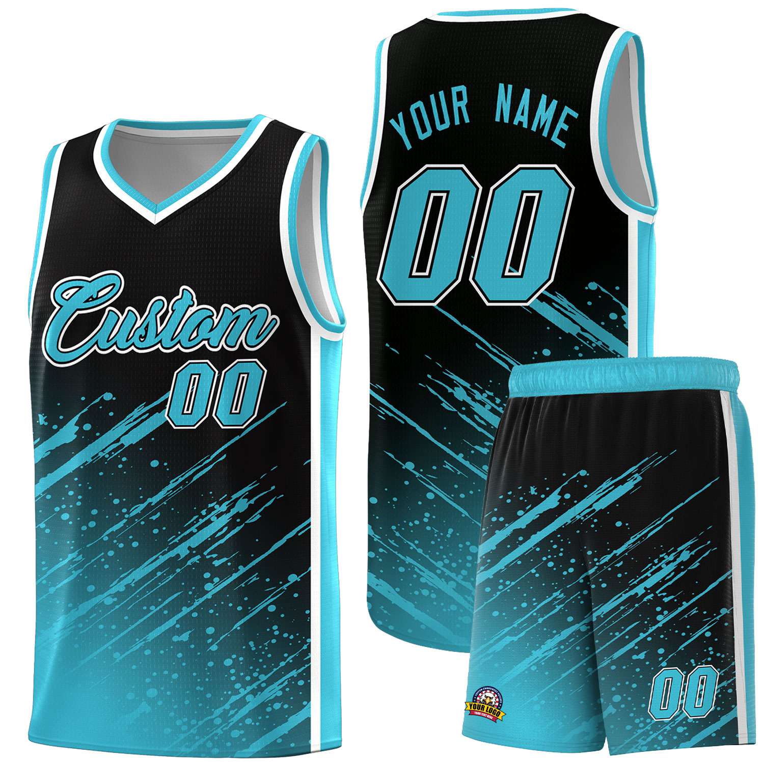 Custom Black Basketball Kits With Sky Blue Paint Graffiti