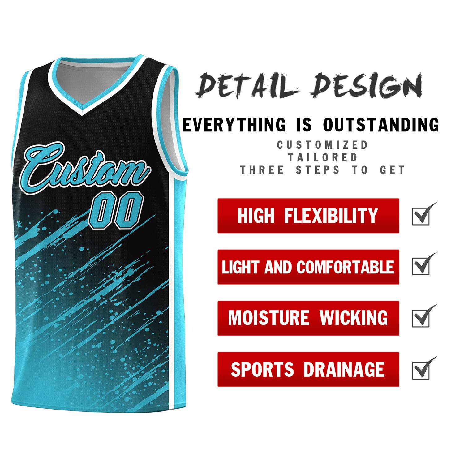Custom Black Basketball Kits With Sky Blue Paint Graffiti