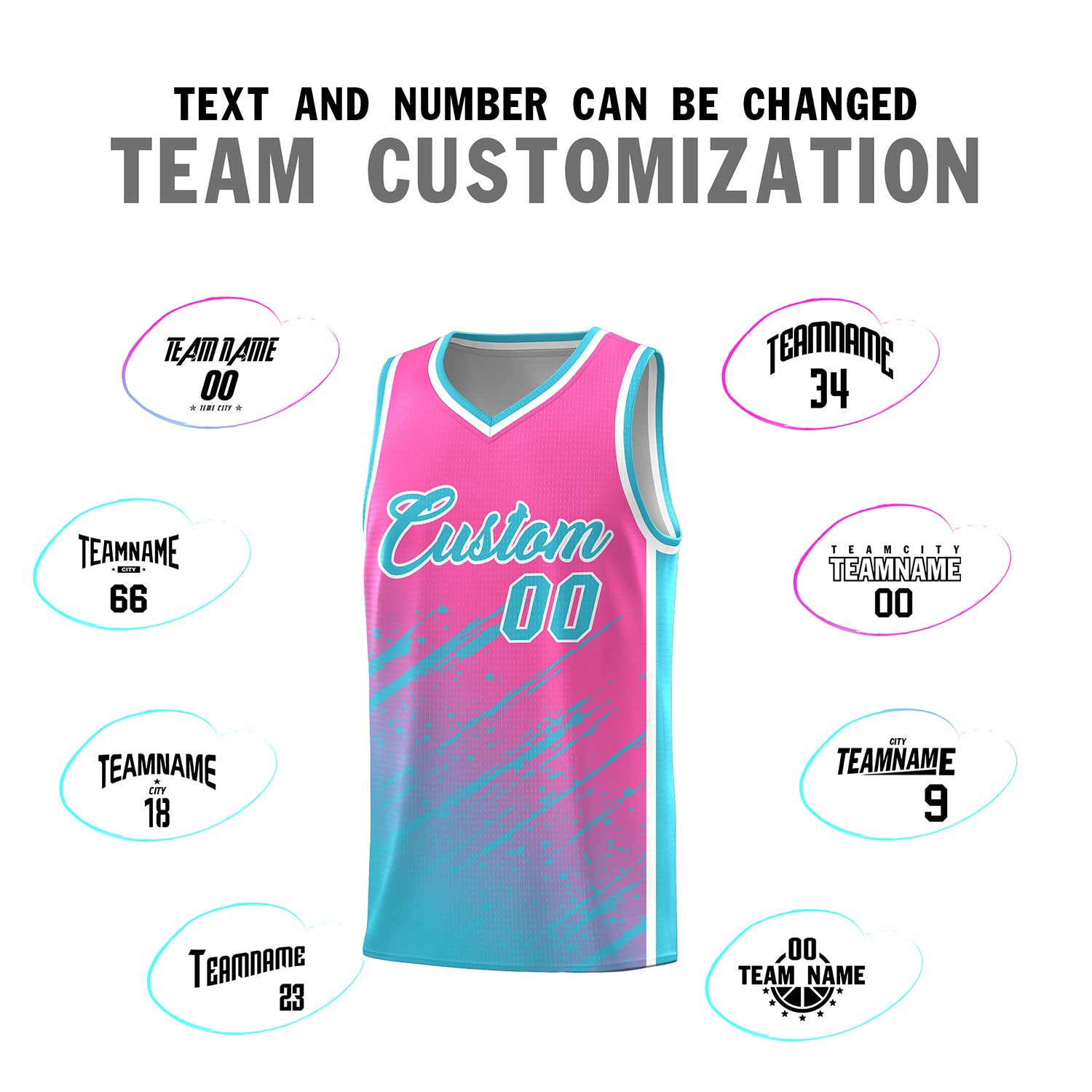 Custom Pink Basketball Kits With Sky Blue Paint Graffiti