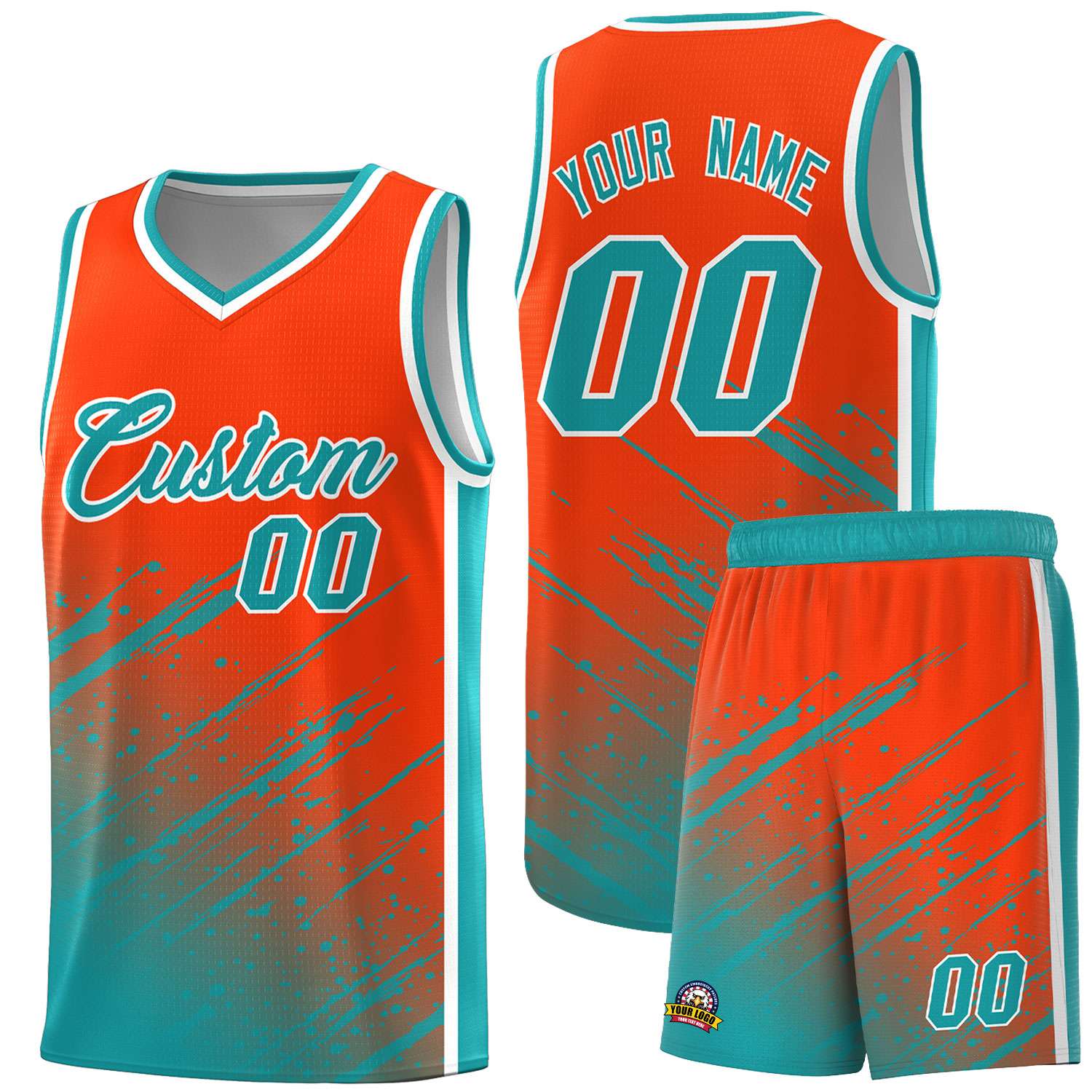 Custom Orange Basketball Kits With Aqua Paint Graffiti