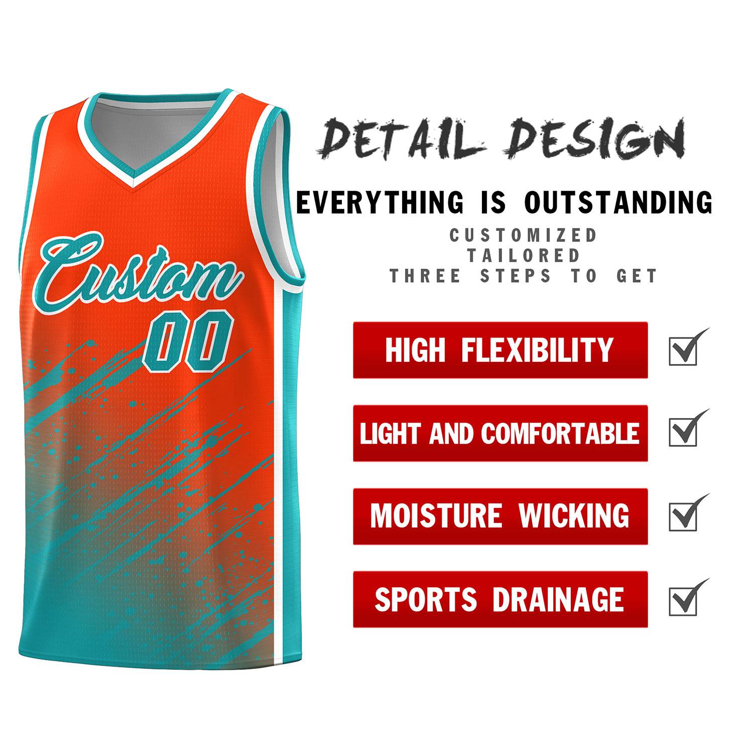 Custom Orange Basketball Kits With Aqua Paint Graffiti