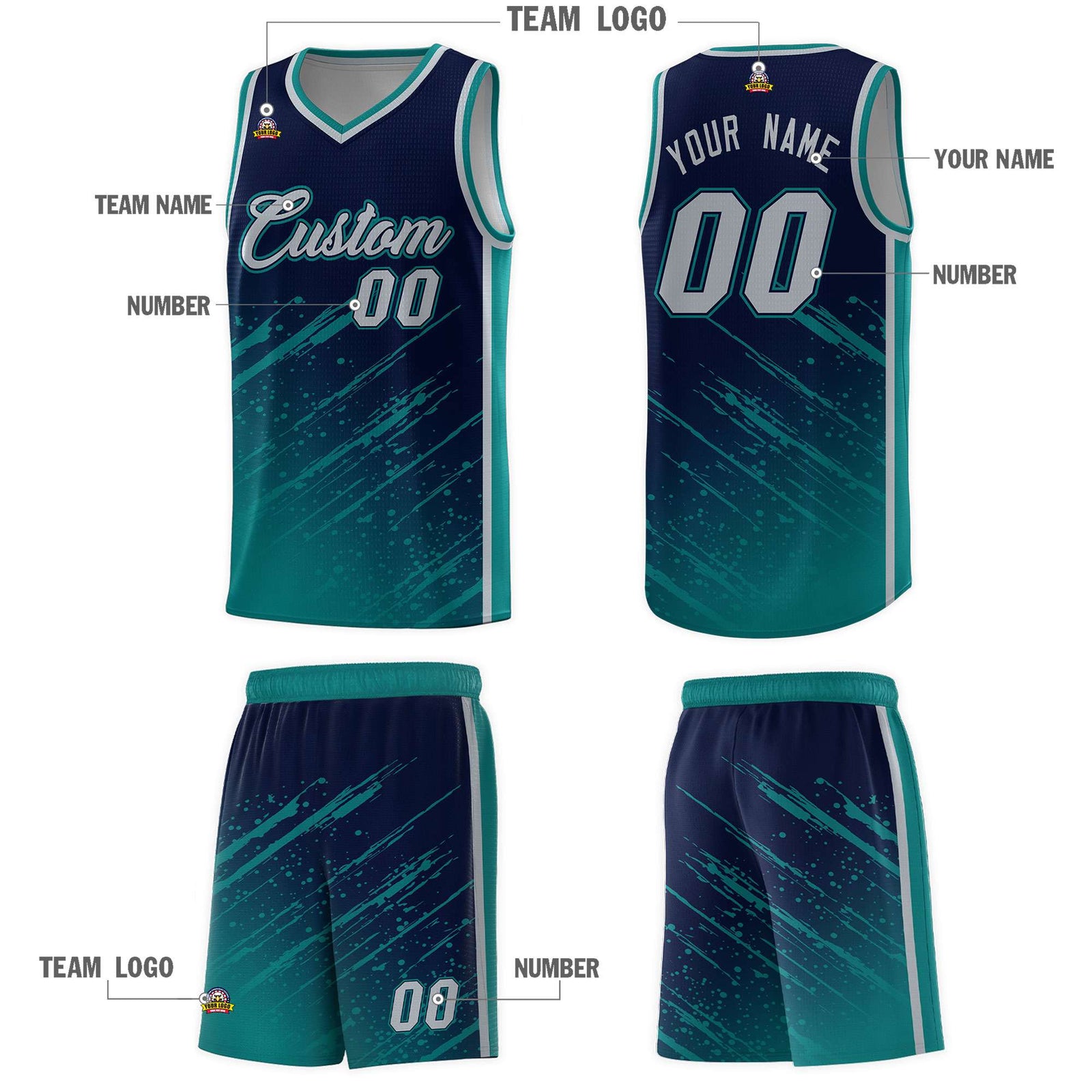 Custom Navy Basketball Kits With Aqua Paint Graffiti