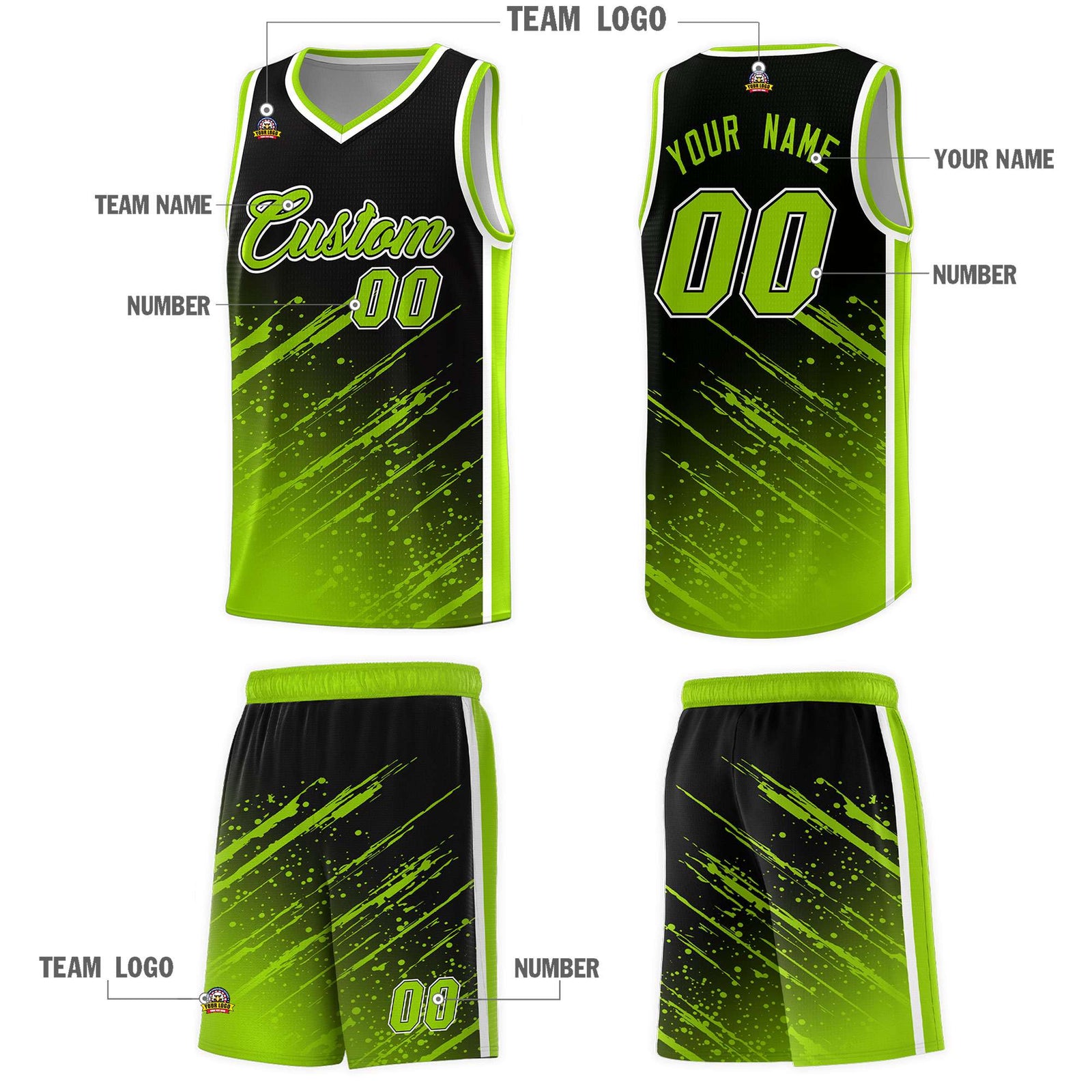 Custom Black Basketball Kits With Neon Green Paint Graffiti
