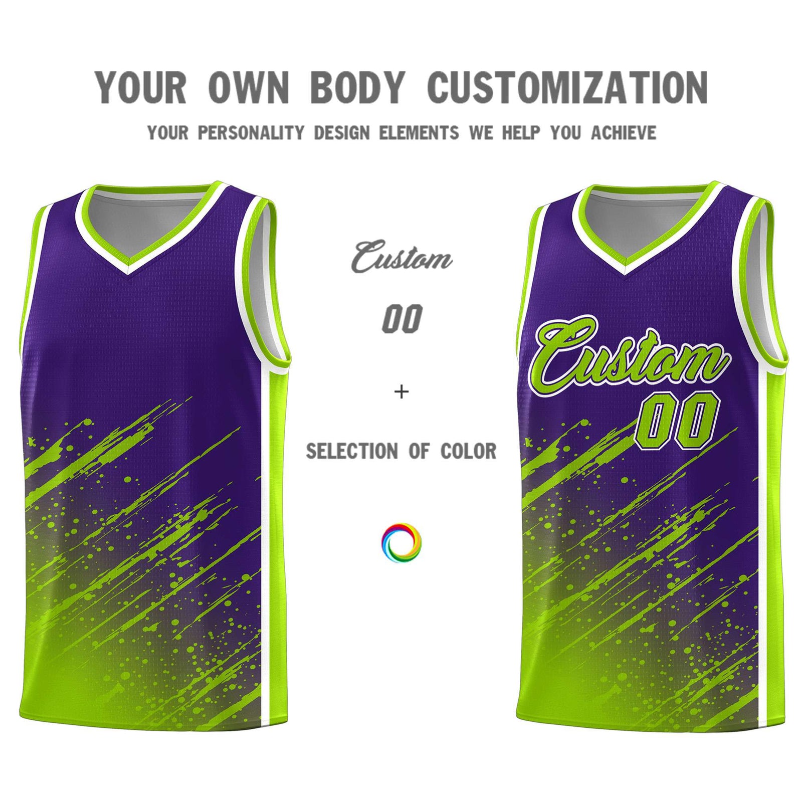 Custom Purple Basketball Kits With Neon Green Paint Graffiti
