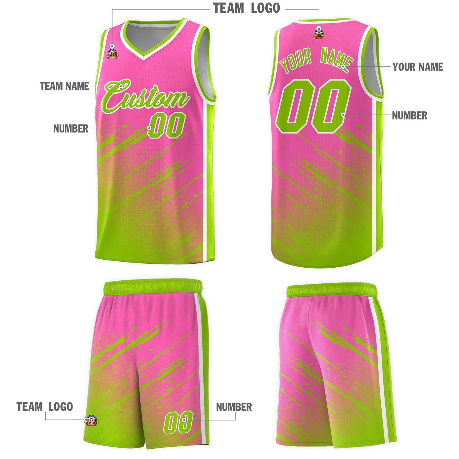 Custom Pink Basketball Kits With Neon Green Paint Graffiti