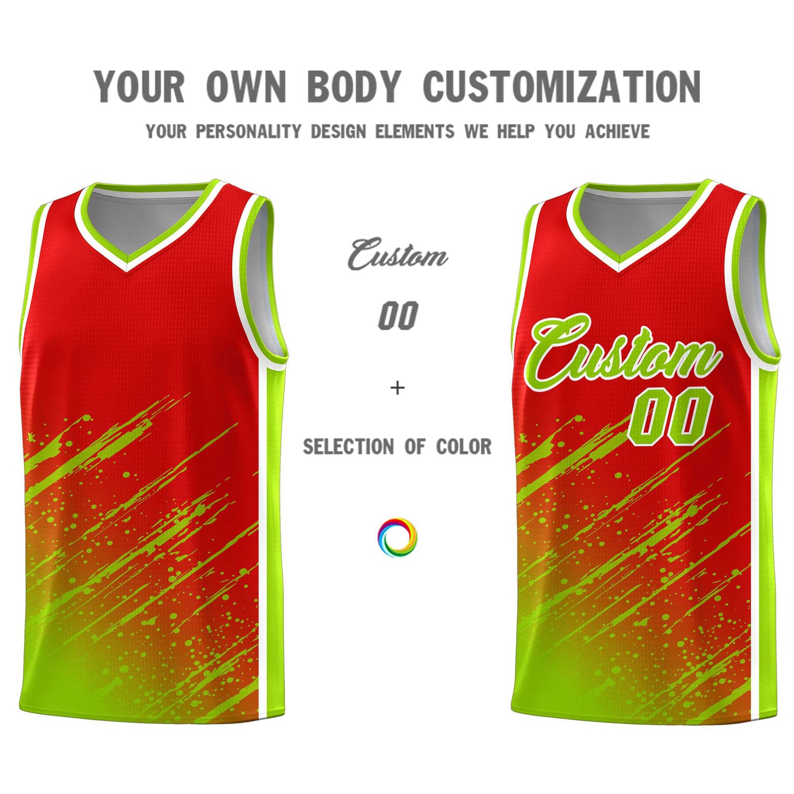 Custom Red Basketball Kits With Neon Green Paint Graffiti
