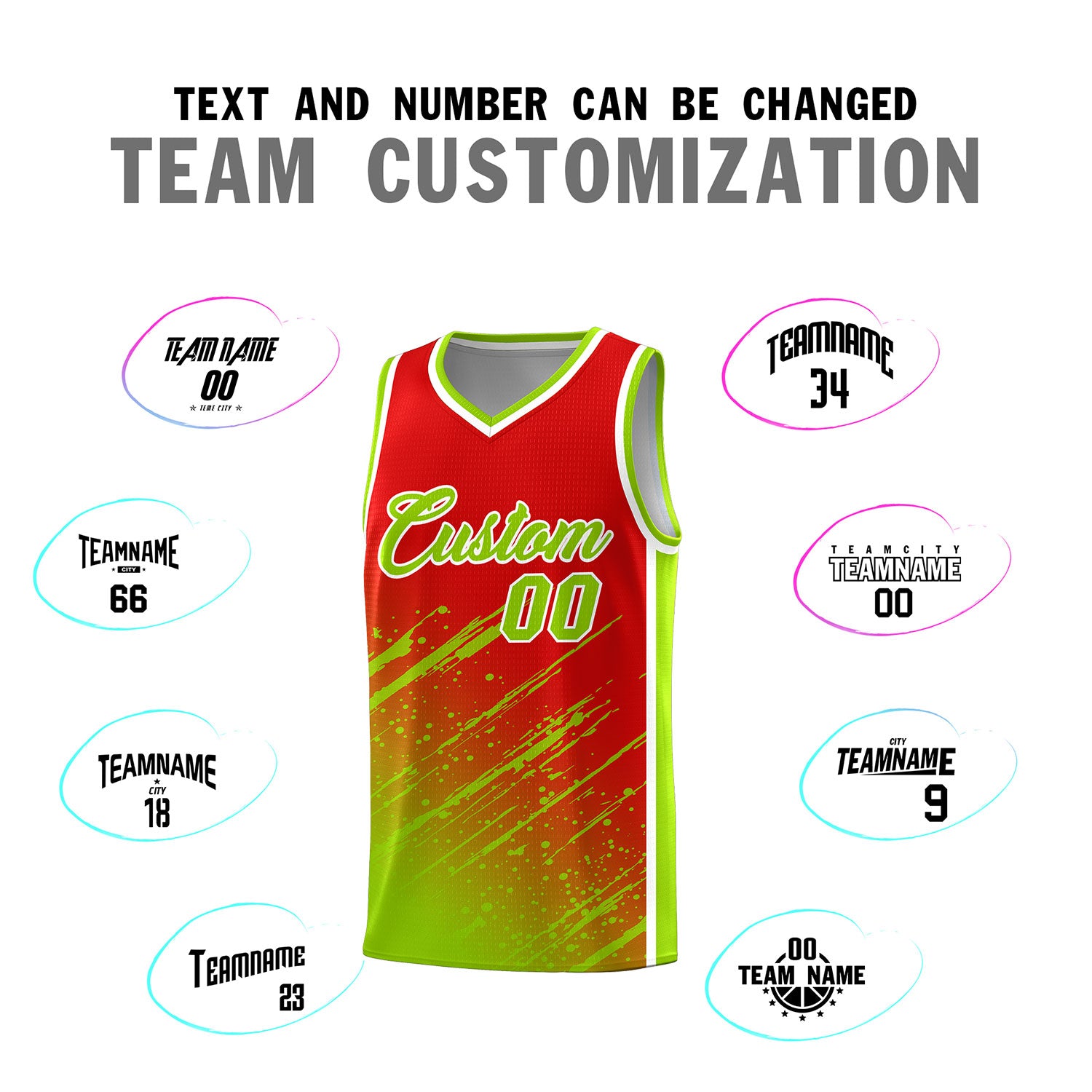 Custom Red Basketball Kits With Neon Green Paint Graffiti