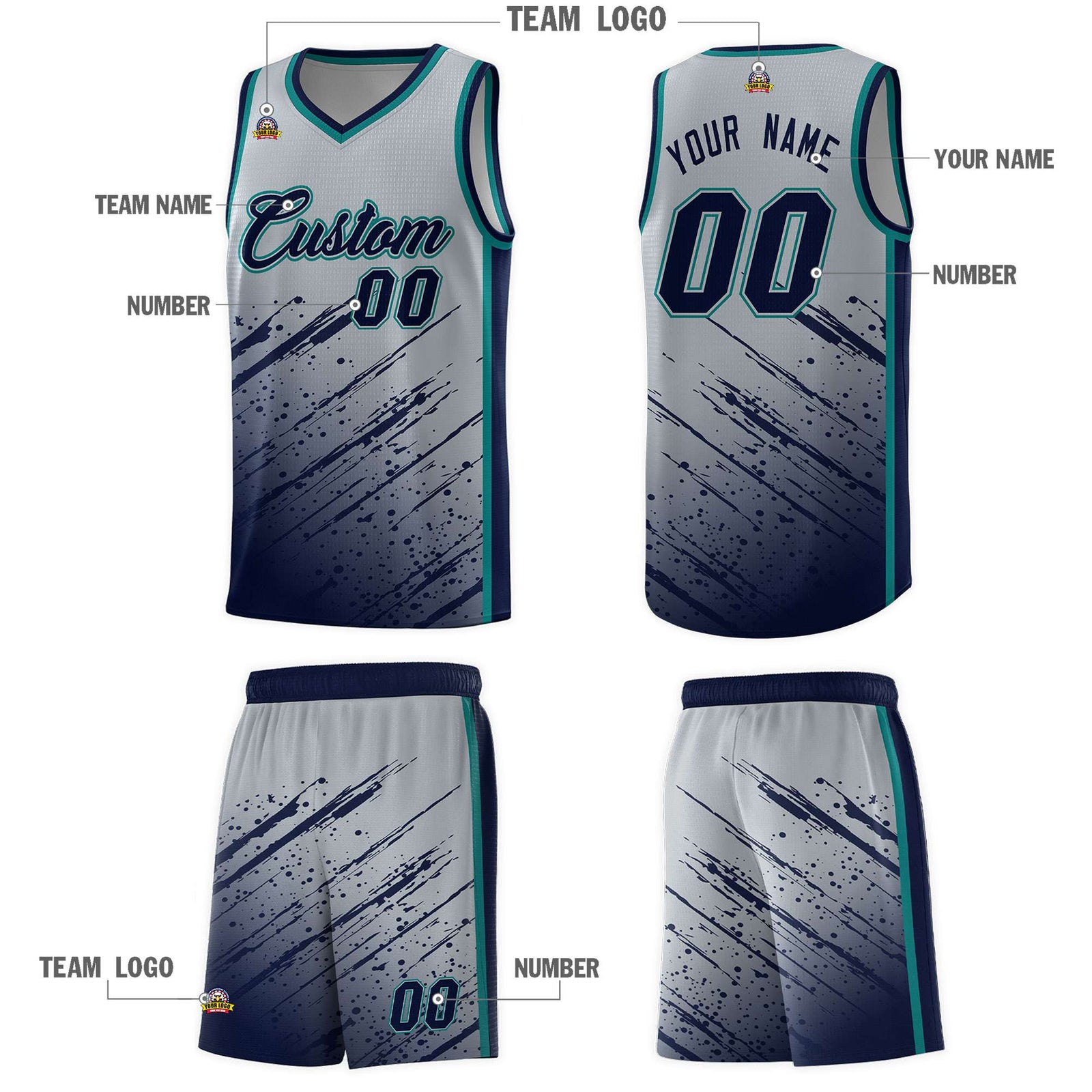 Custom Gray Basketball Kits With Navy Paint Graffiti