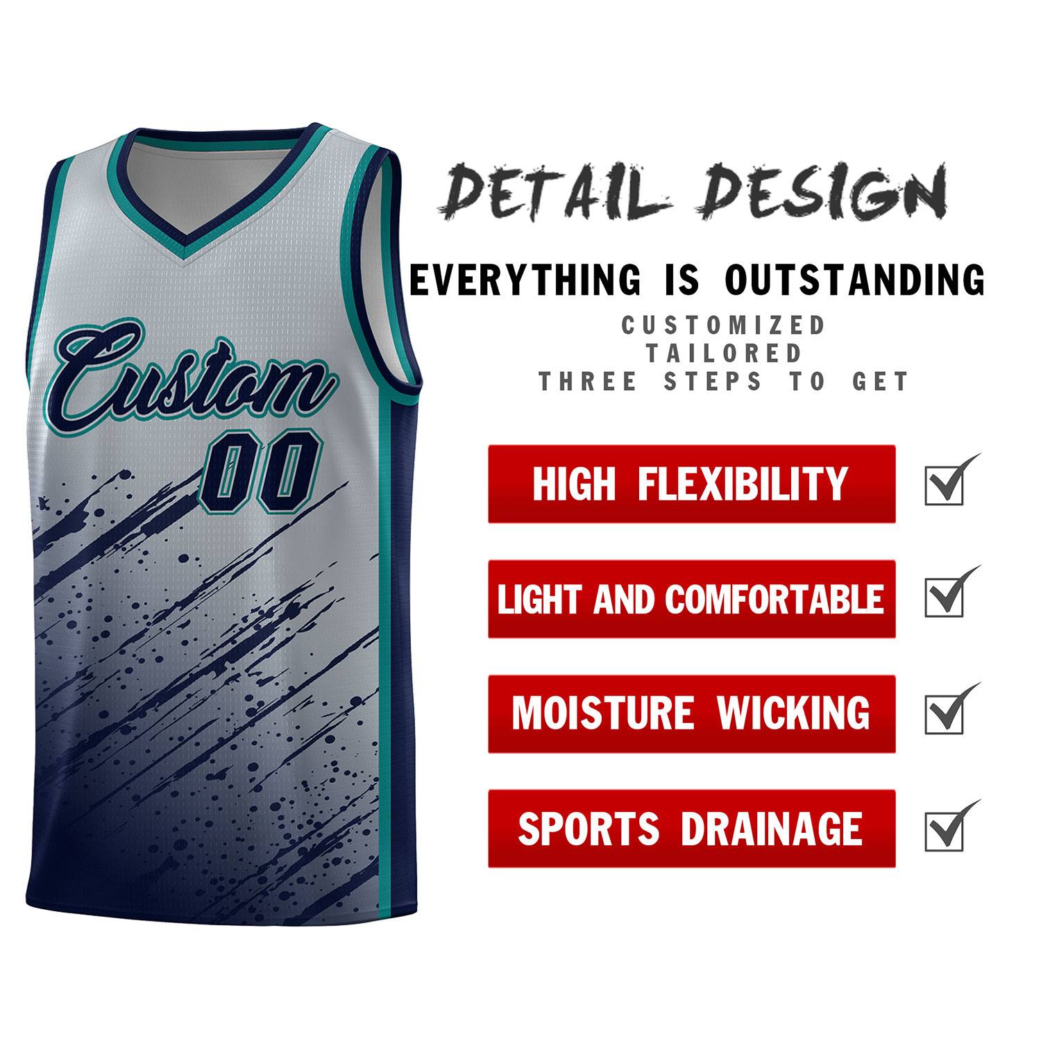 Custom Gray Basketball Kits With Navy Paint Graffiti