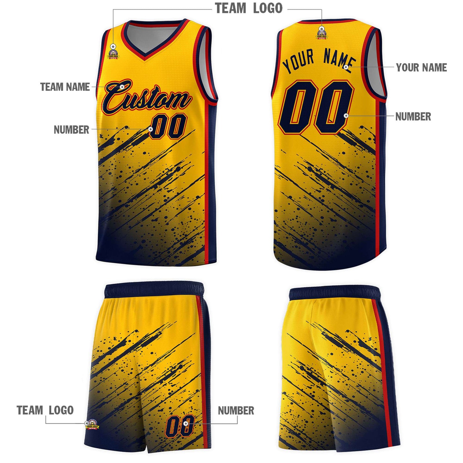 Custom Yellow Basketball Kits With Navy Paint Graffiti