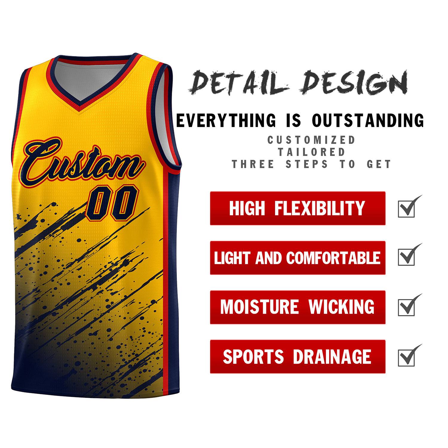 Custom Yellow Basketball Kits With Navy Paint Graffiti