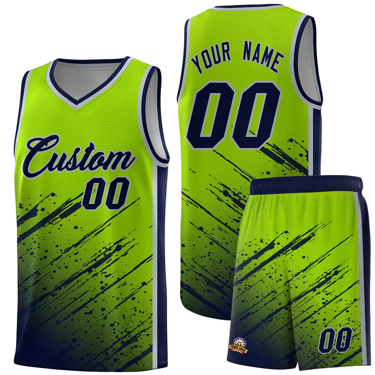 Custom Neon Green Basketball Kits With Navy Paint Graffiti