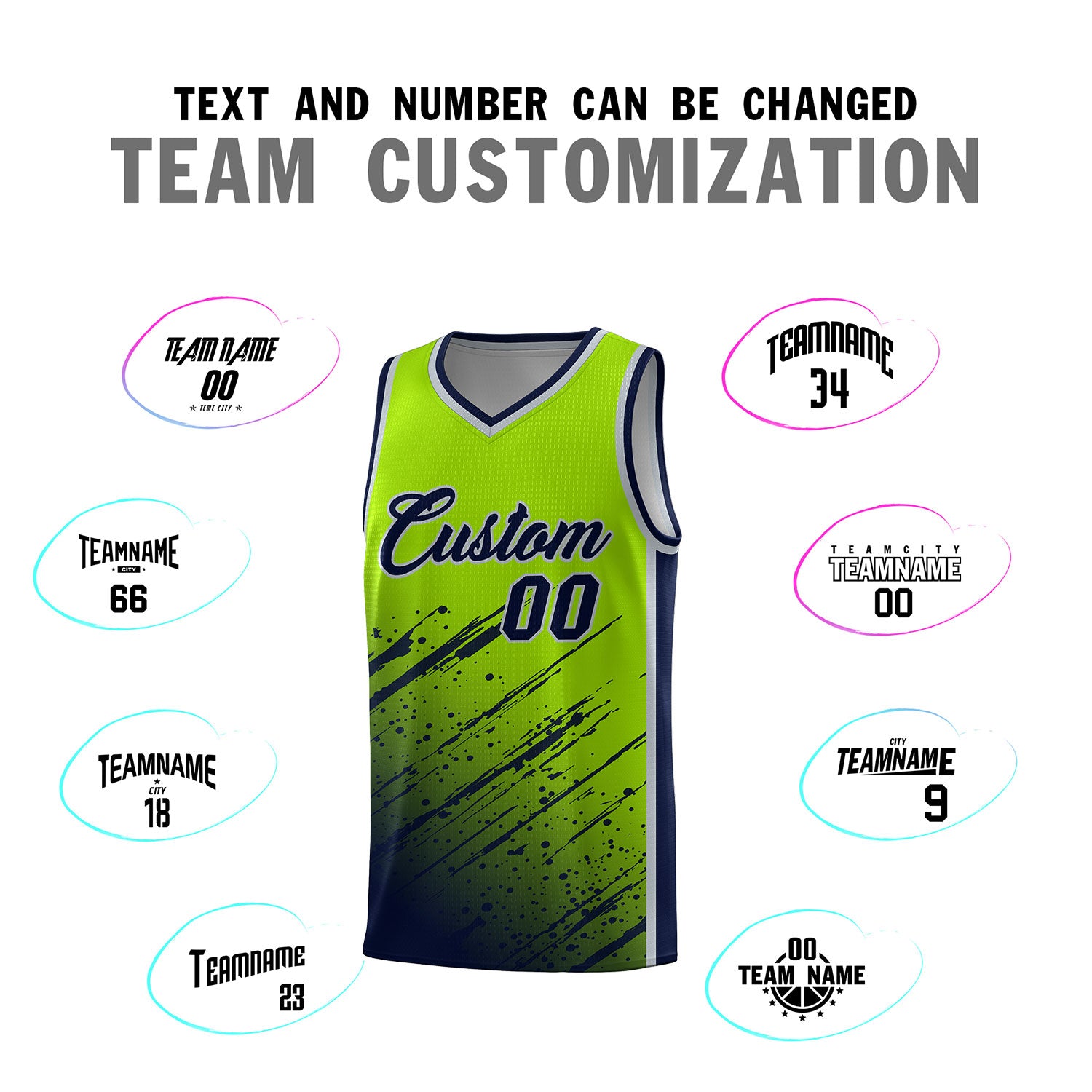 Custom Neon Green Basketball Kits With Navy Paint Graffiti