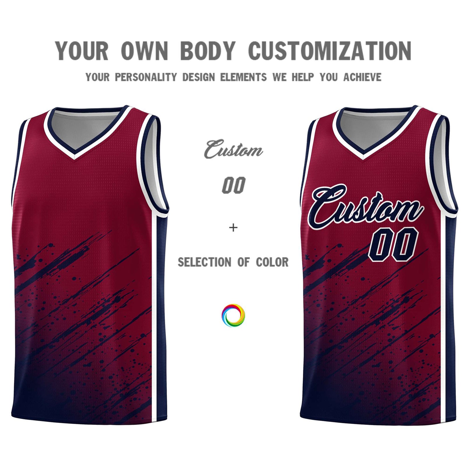 Custom Crimson Basketball Kits With Navy Paint Graffiti