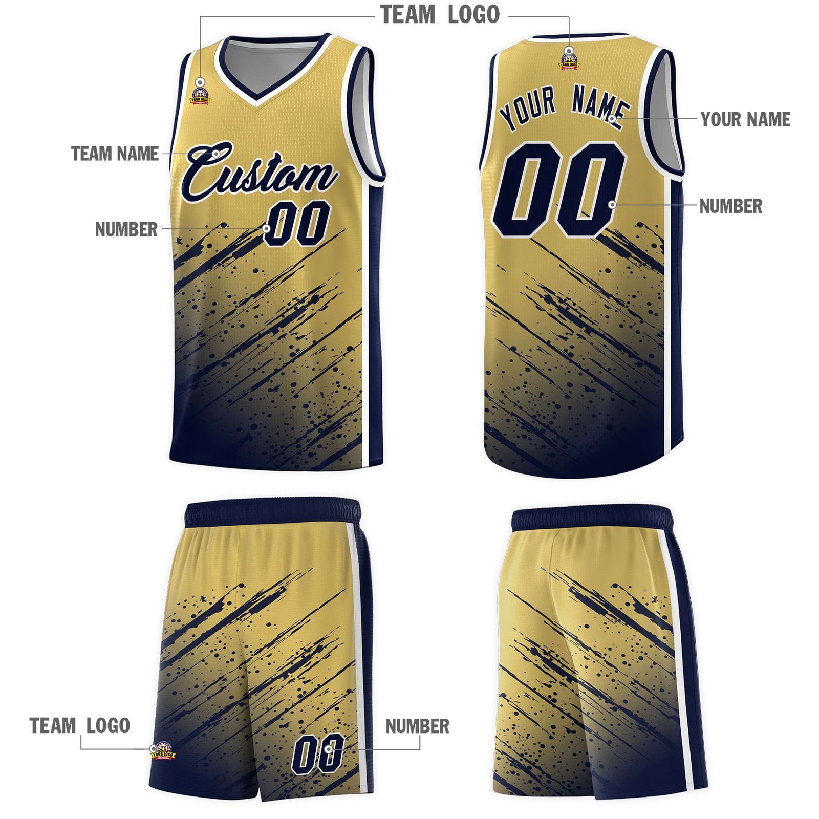 Custom Khaki Basketball Kits With Navy Paint Graffiti