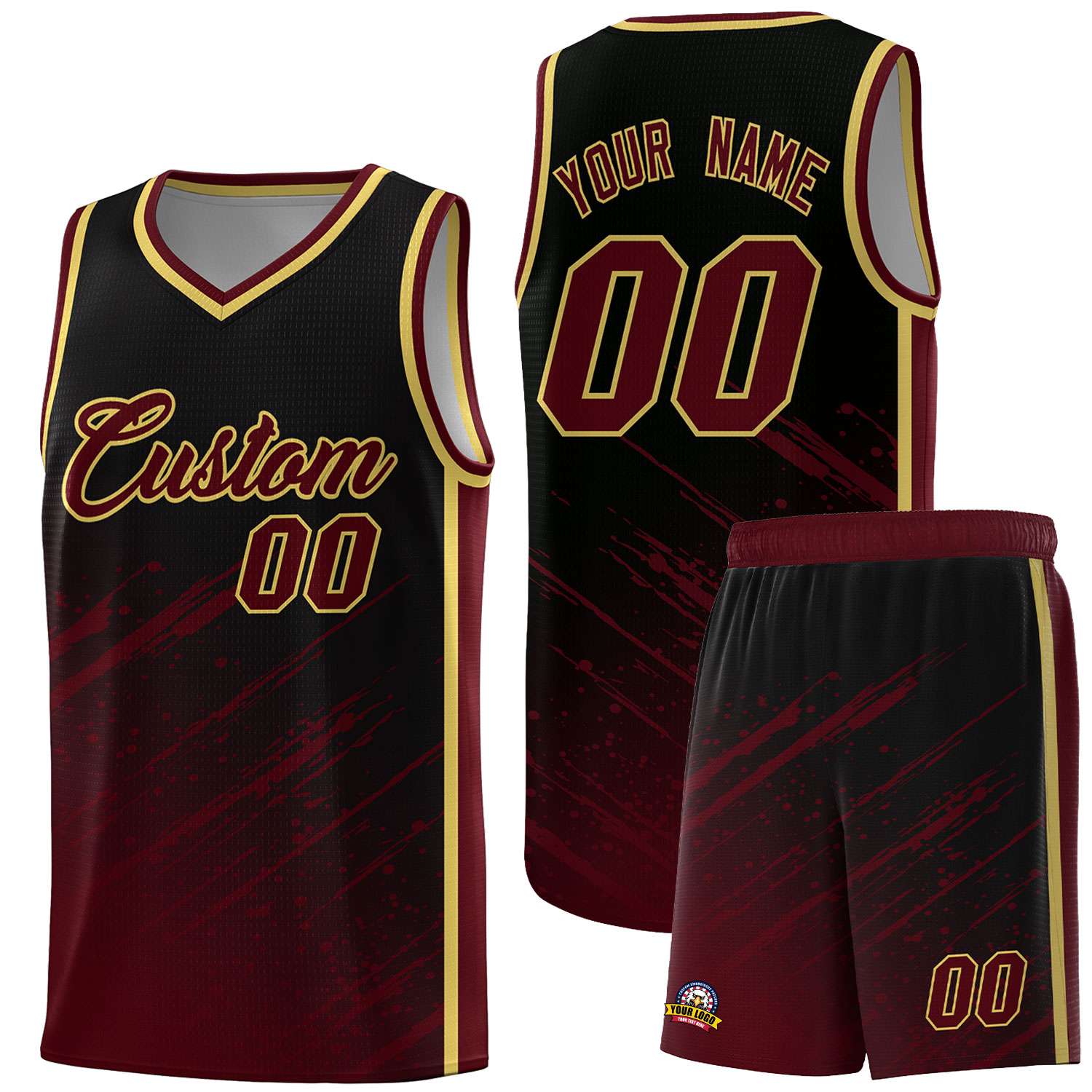 Custom Black Basketball Kits With Crimson Paint Graffiti