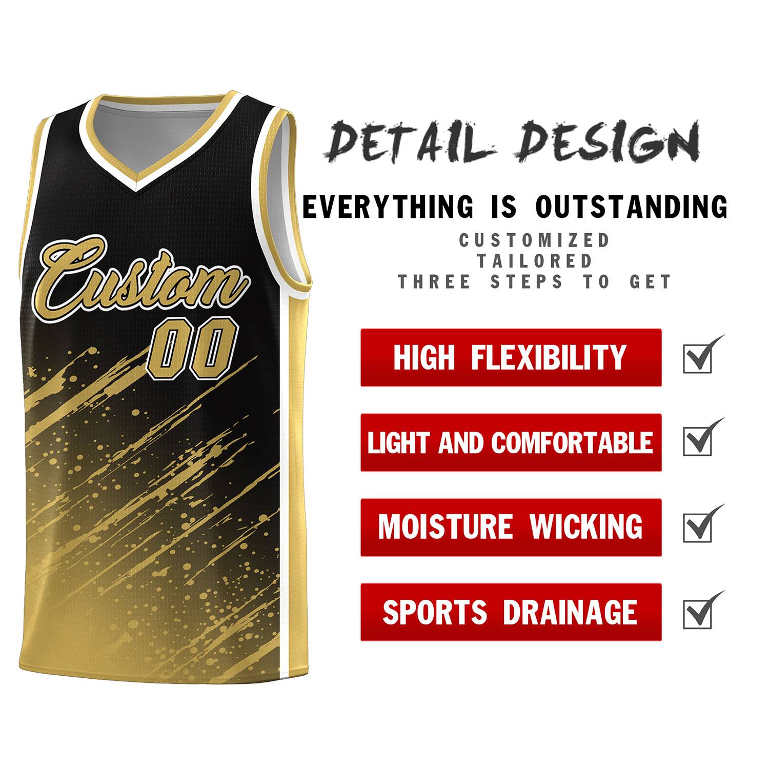 Custom Black Basketball Kits With Old Gold Paint Graffiti