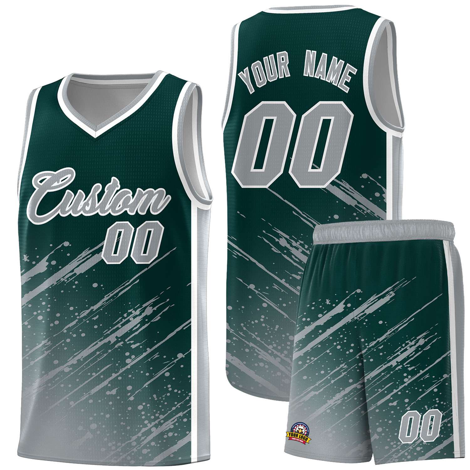 Custom Midnight Green Basketball Kits With Gray Paint Graffiti