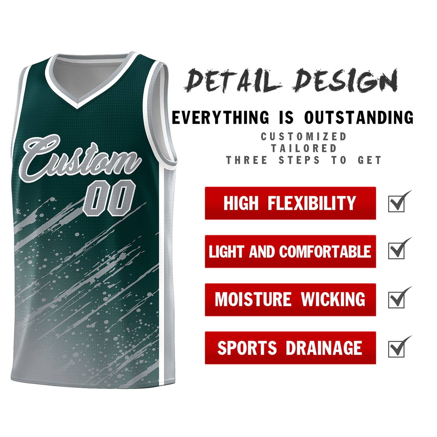Custom Midnight Green Basketball Kits With Gray Paint Graffiti