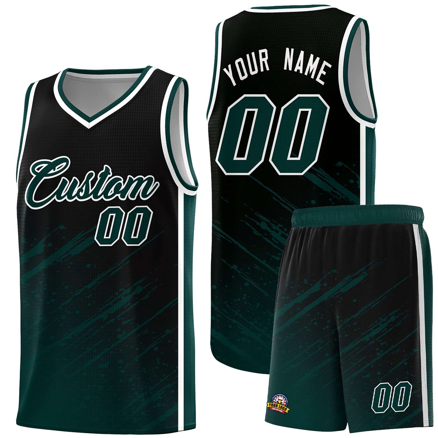 Custom Black Basketball Kits With Midnight Green Paint Graffiti