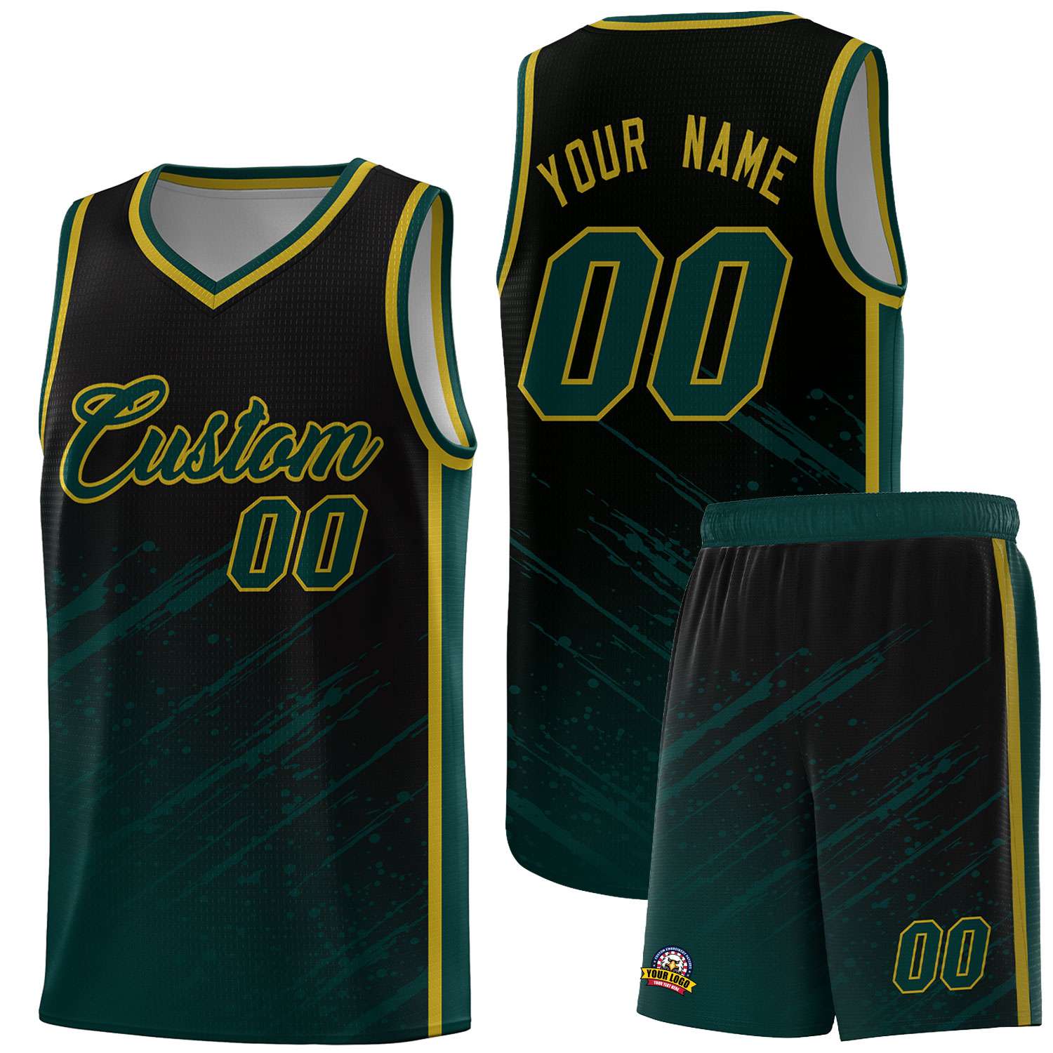 Custom Black Basketball Kits With Midnight Green Paint Graffiti