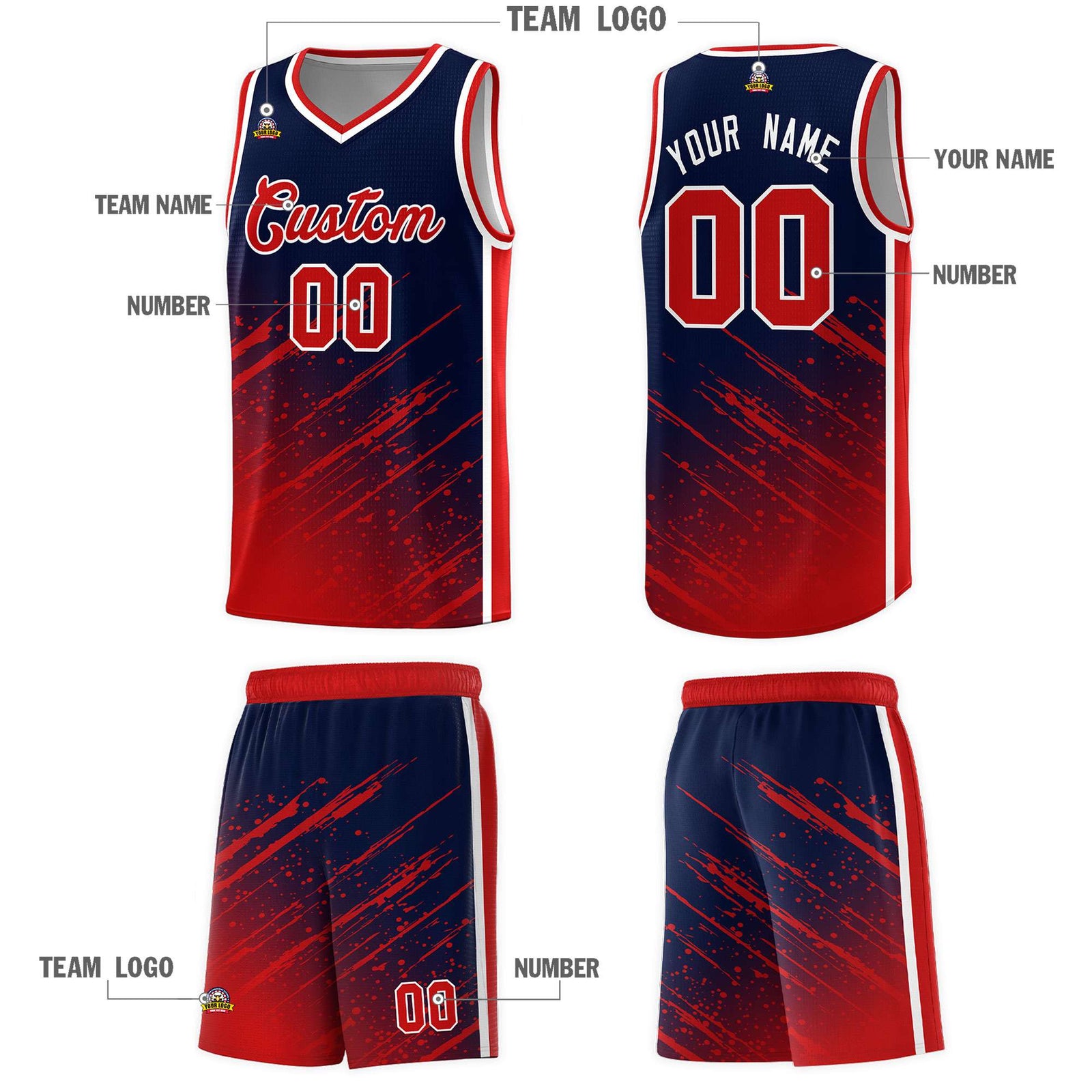 Custom Navy Basketball Kits With Red Paint Graffiti