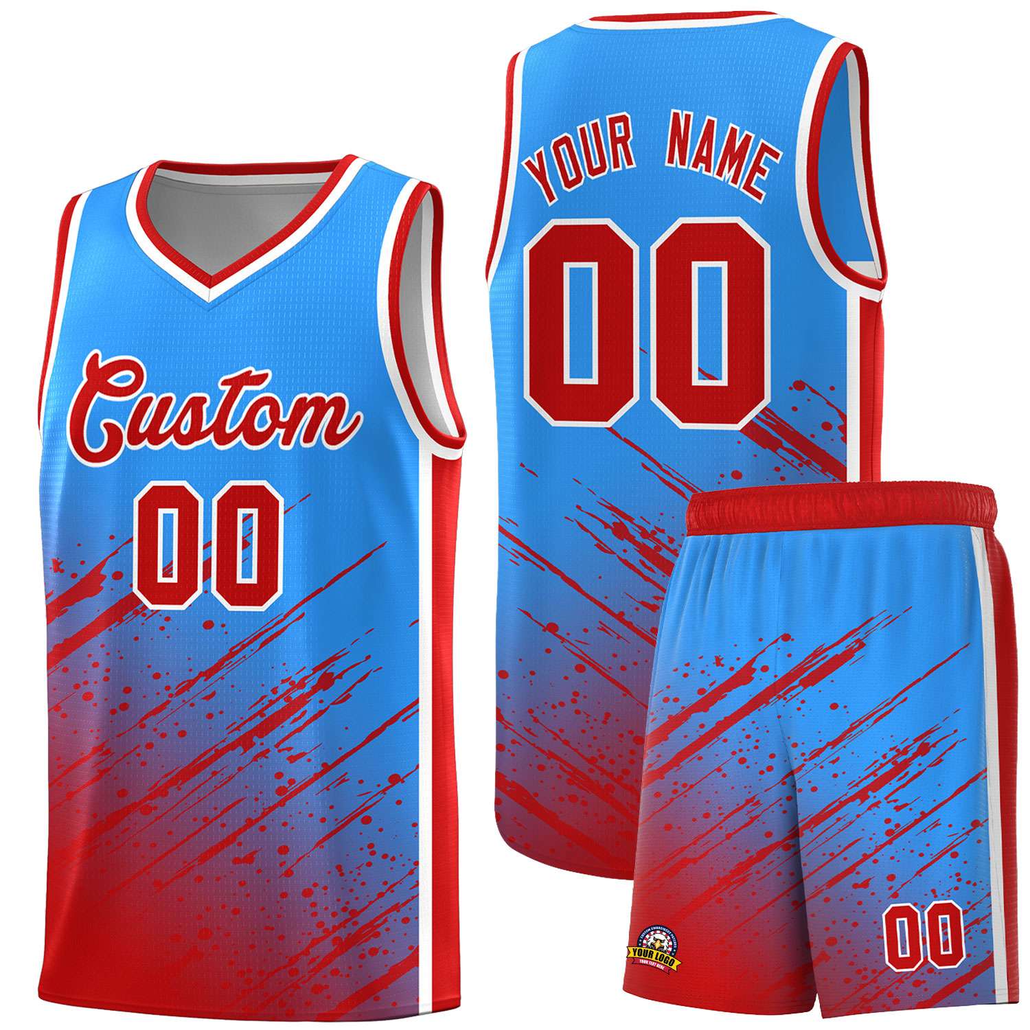 Custom Powder Blue Basketball Kits With Red Paint Graffiti