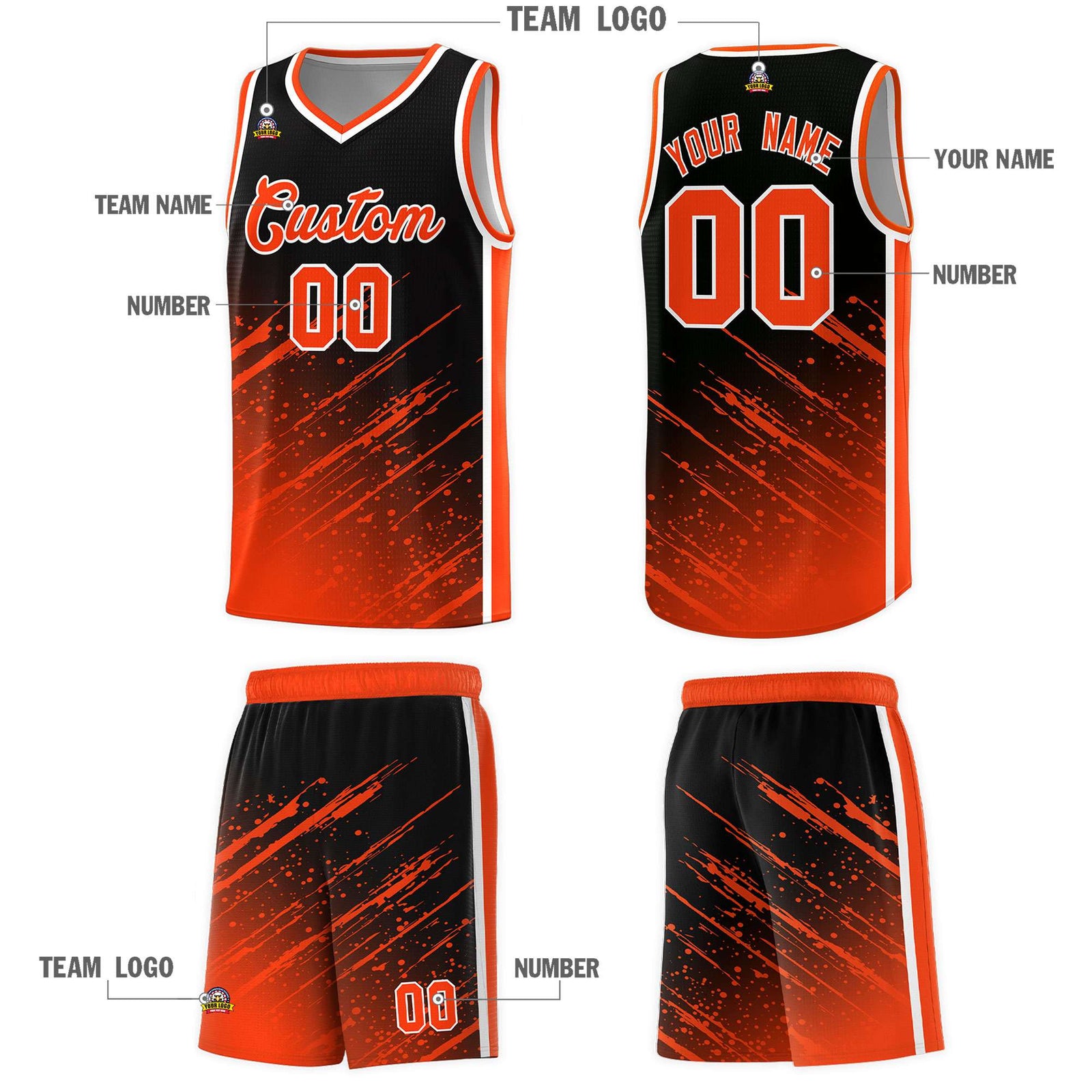Custom Black Basketball Kits With Orange Paint Graffiti