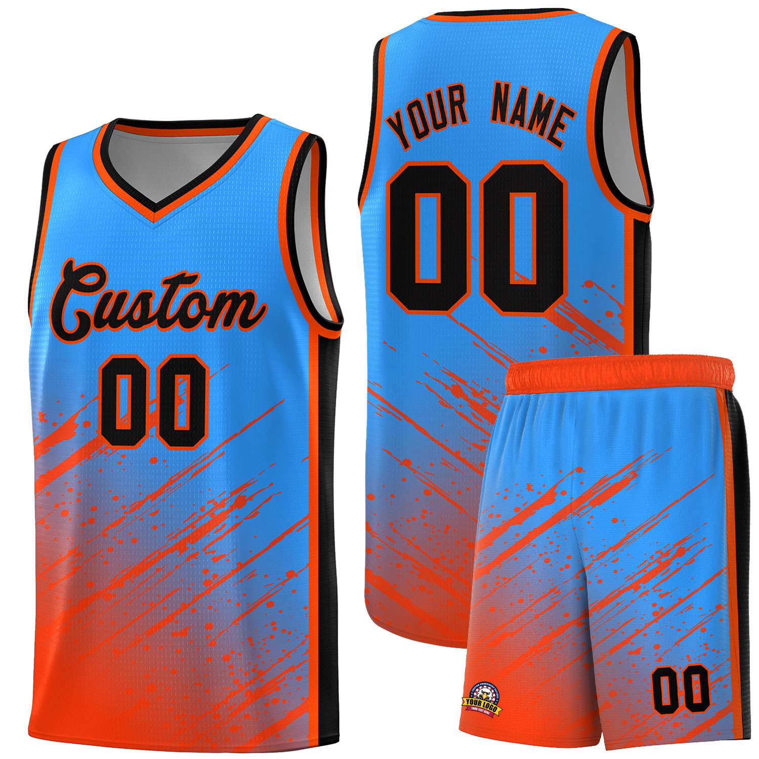 Custom Powder Blue Basketball Kits With Orange Paint Graffiti