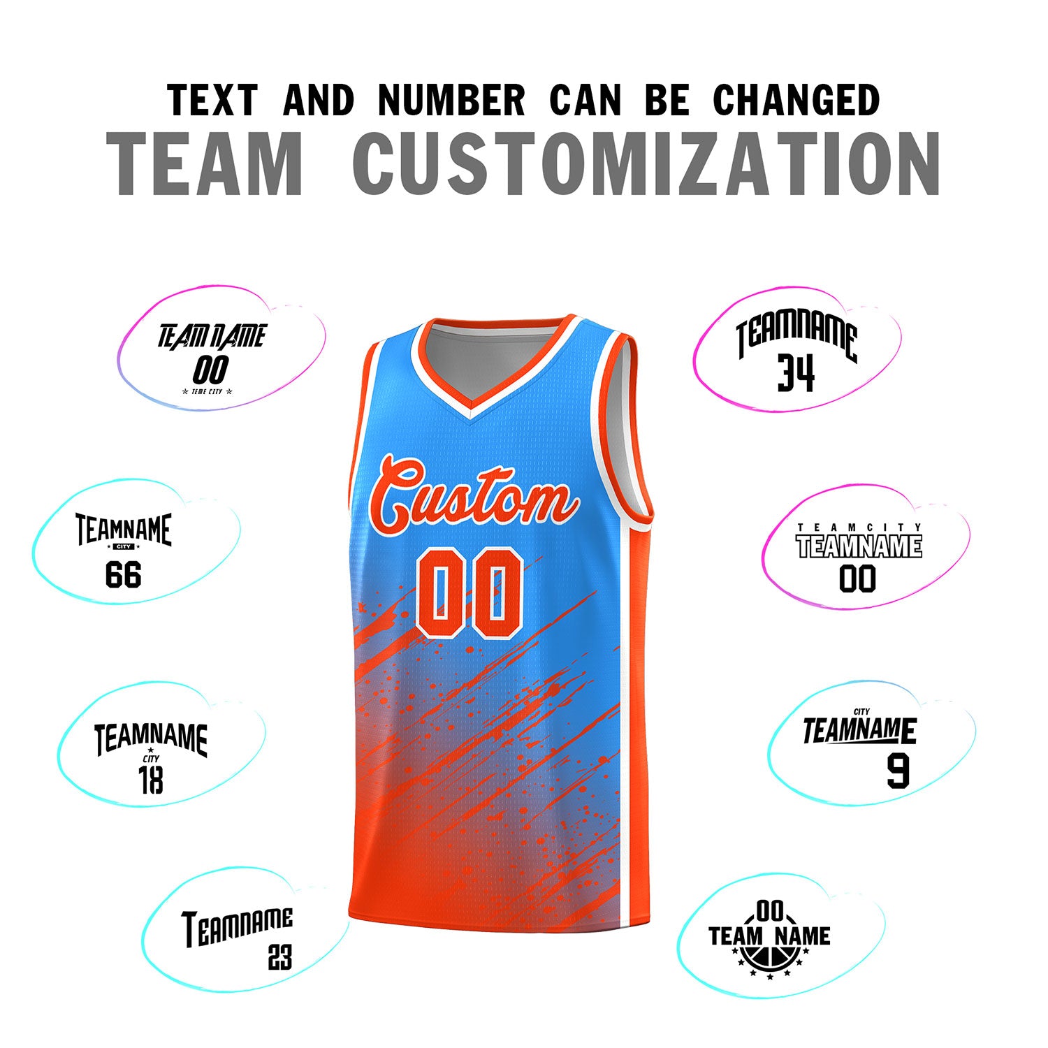 Custom Powder Blue Basketball Kits With Orange Paint Graffiti