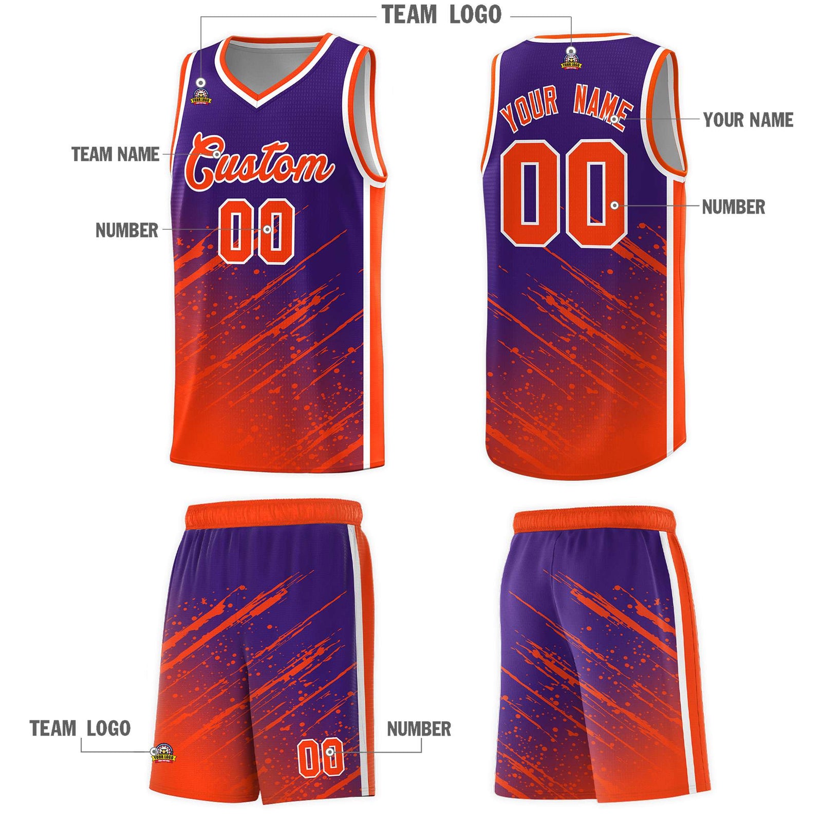 Custom Purple Basketball Kits With Orange Paint Graffiti