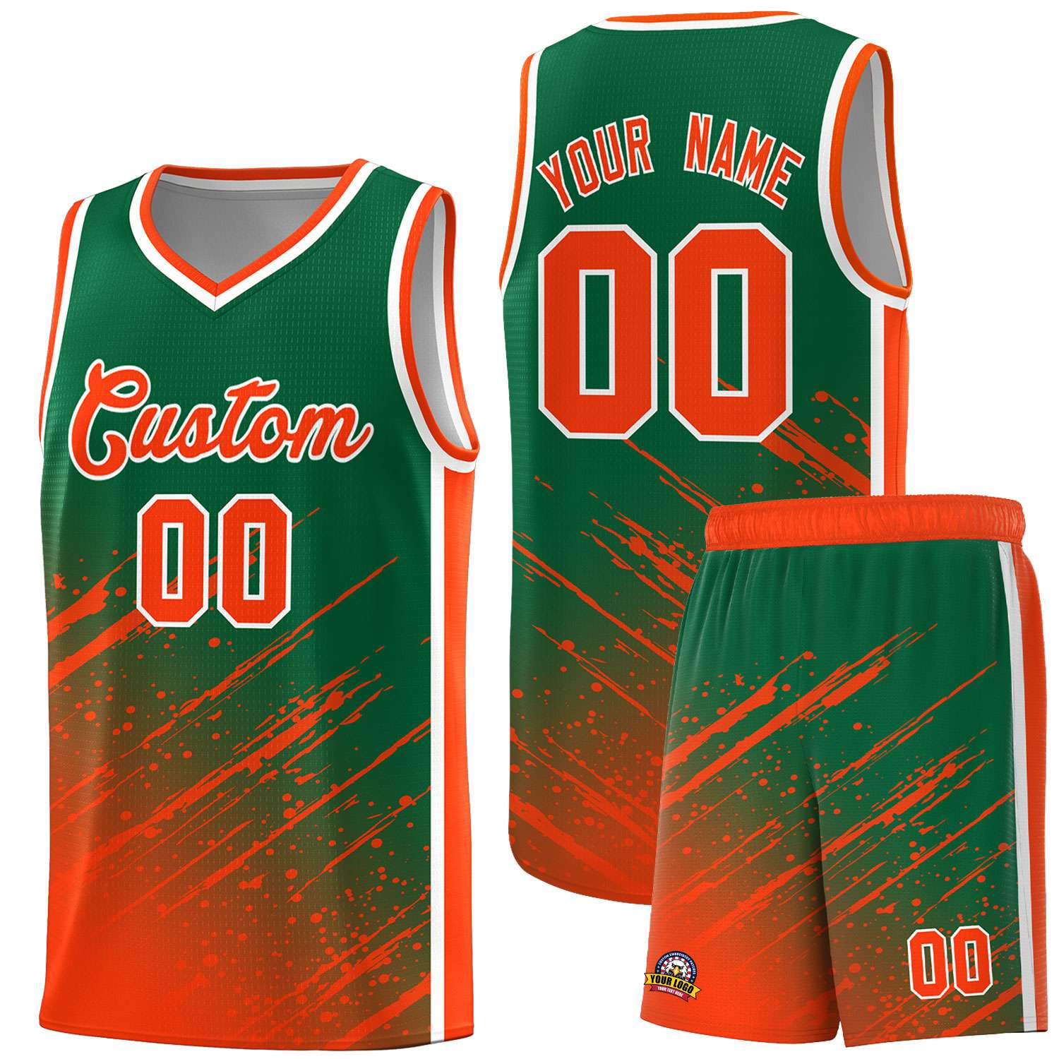 Custom Kelly Green Basketball Kits With Orange Paint Graffiti