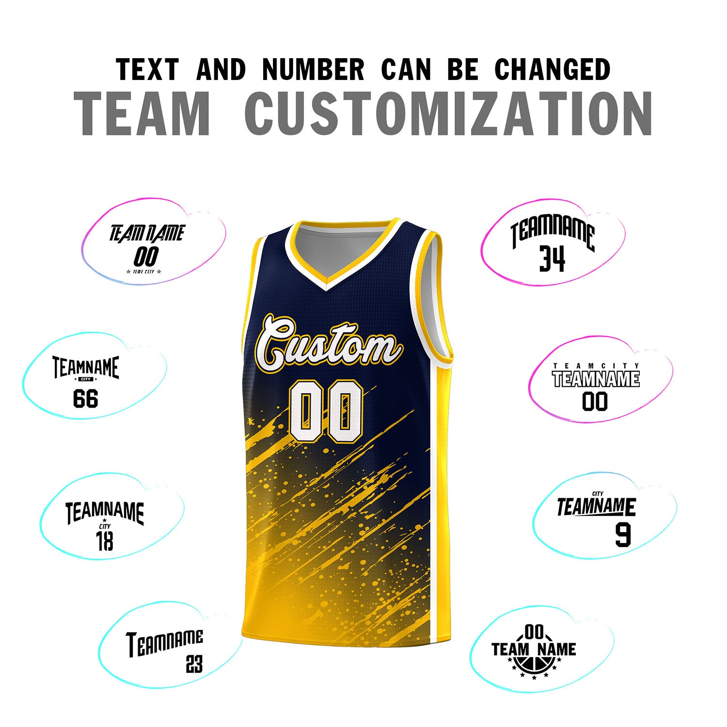 Custom Navy Basketball Kits With Yellow Paint Graffiti