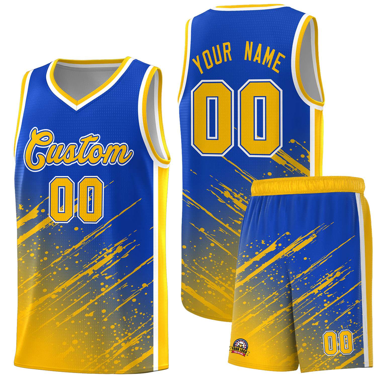 Custom Royal Basketball Kits With Yellow Paint Graffiti