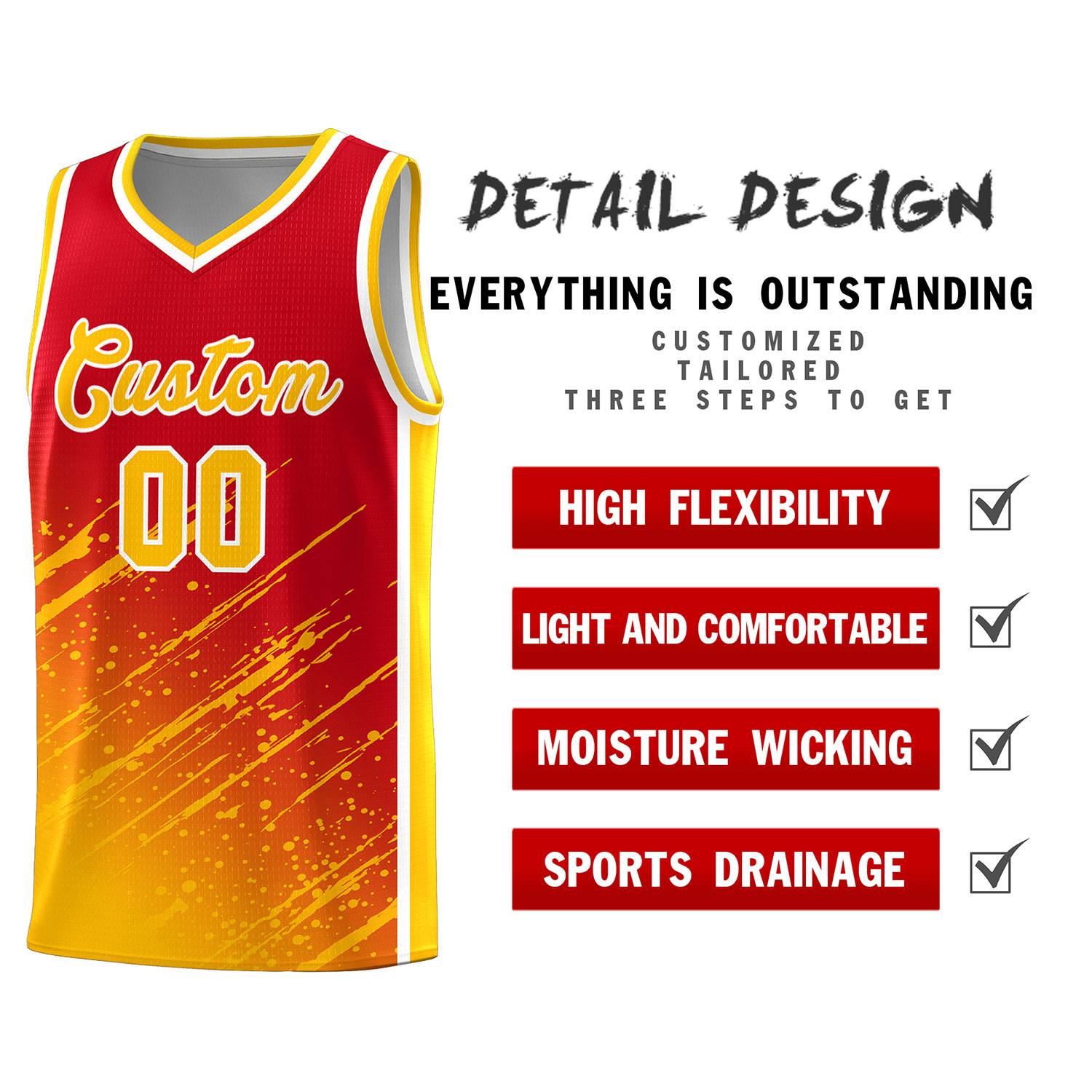 Custom Red Basketball Kits With Yellow Paint Graffiti
