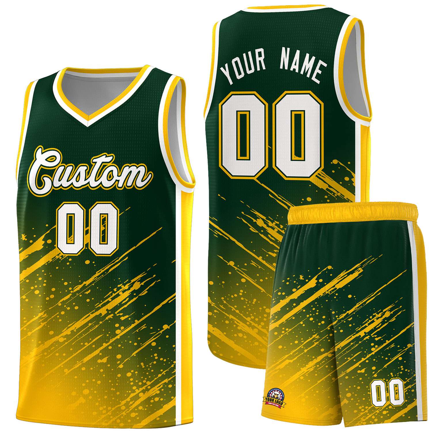 Custom Green Basketball Kits With Yellow Paint Graffiti