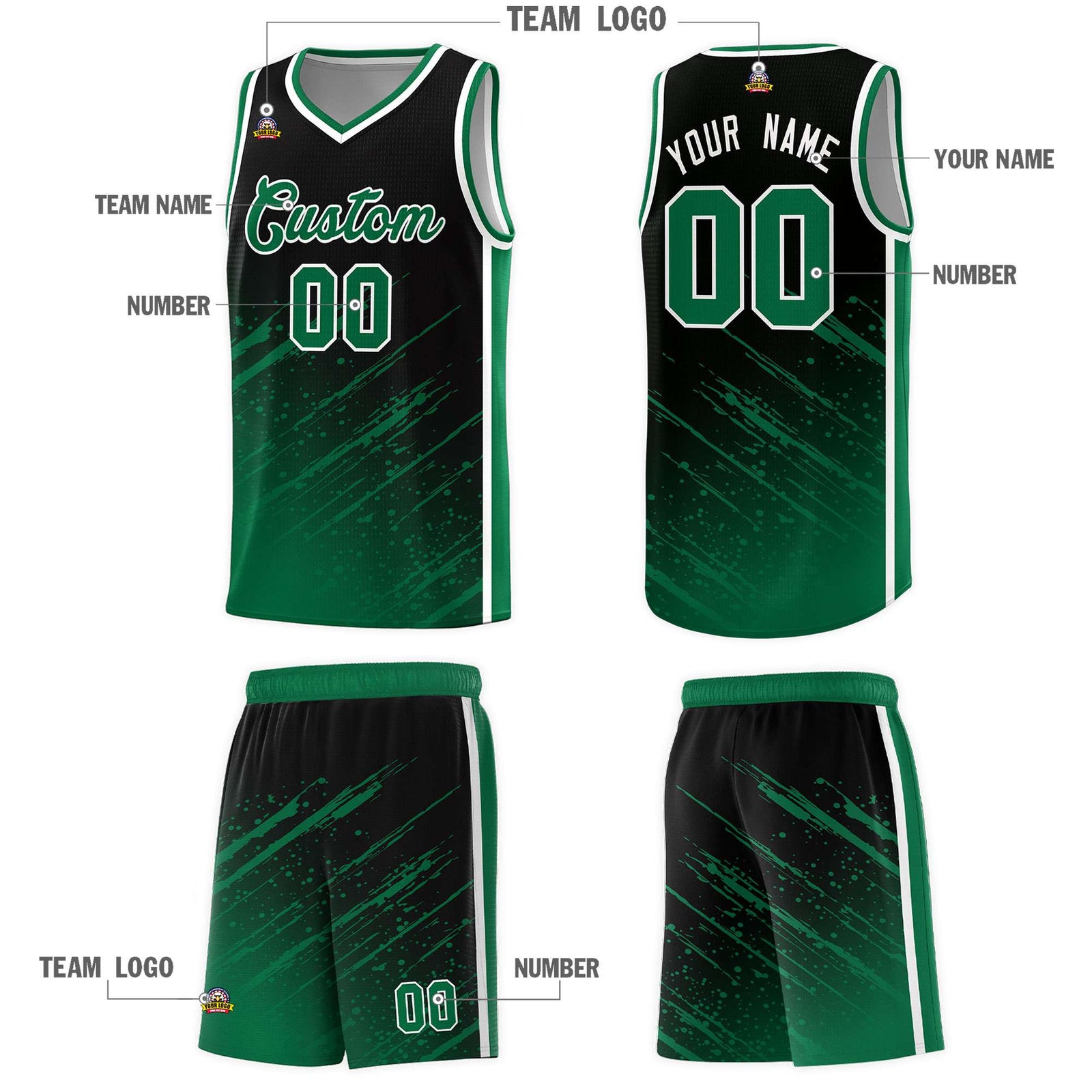 Custom Black Basketball Kits With Kelly Green Paint Graffiti