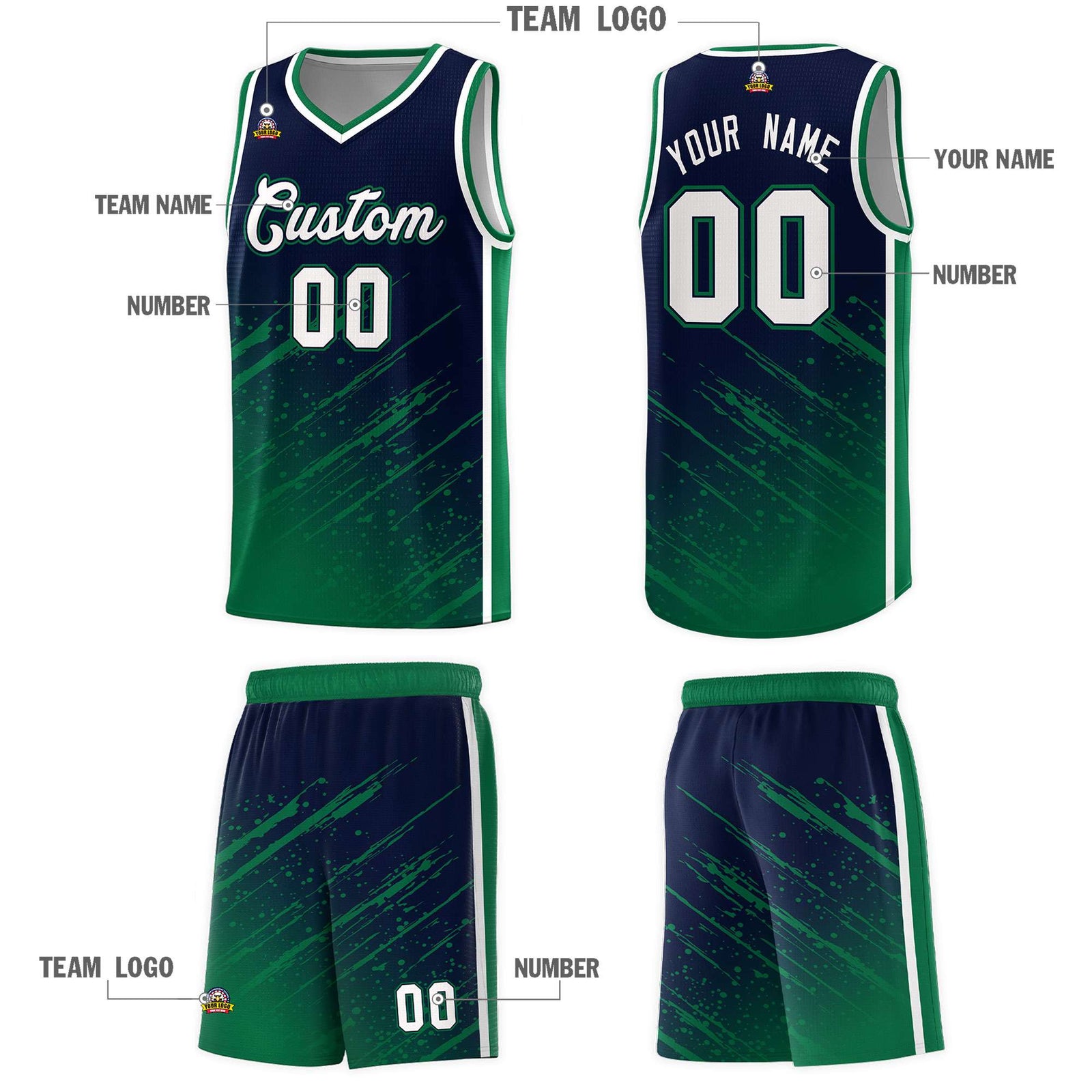 Custom Navy Basketball Kits With Kelly Green Paint Graffiti