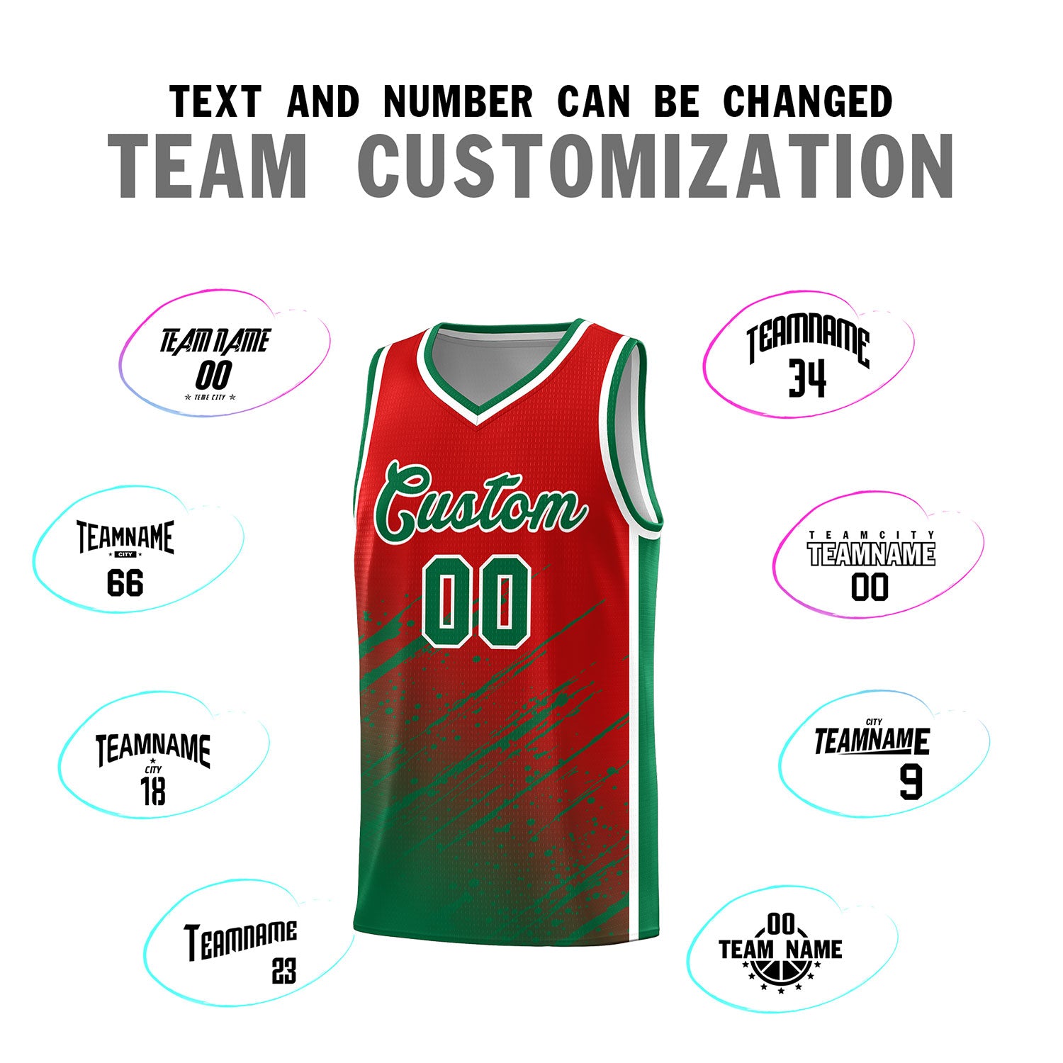 Custom Red Basketball Kits With Kelly Green Paint Graffiti