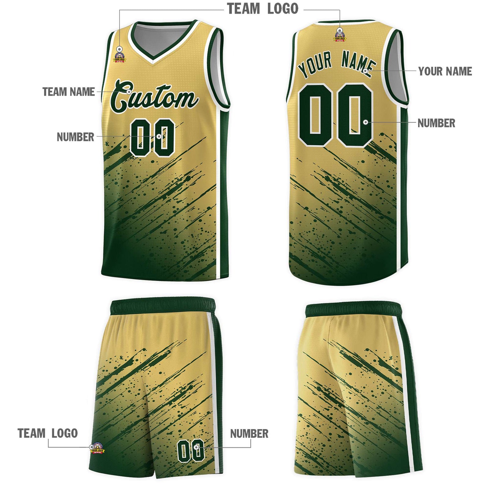 Custom Khaki Basketball Kits With Green Paint Graffiti