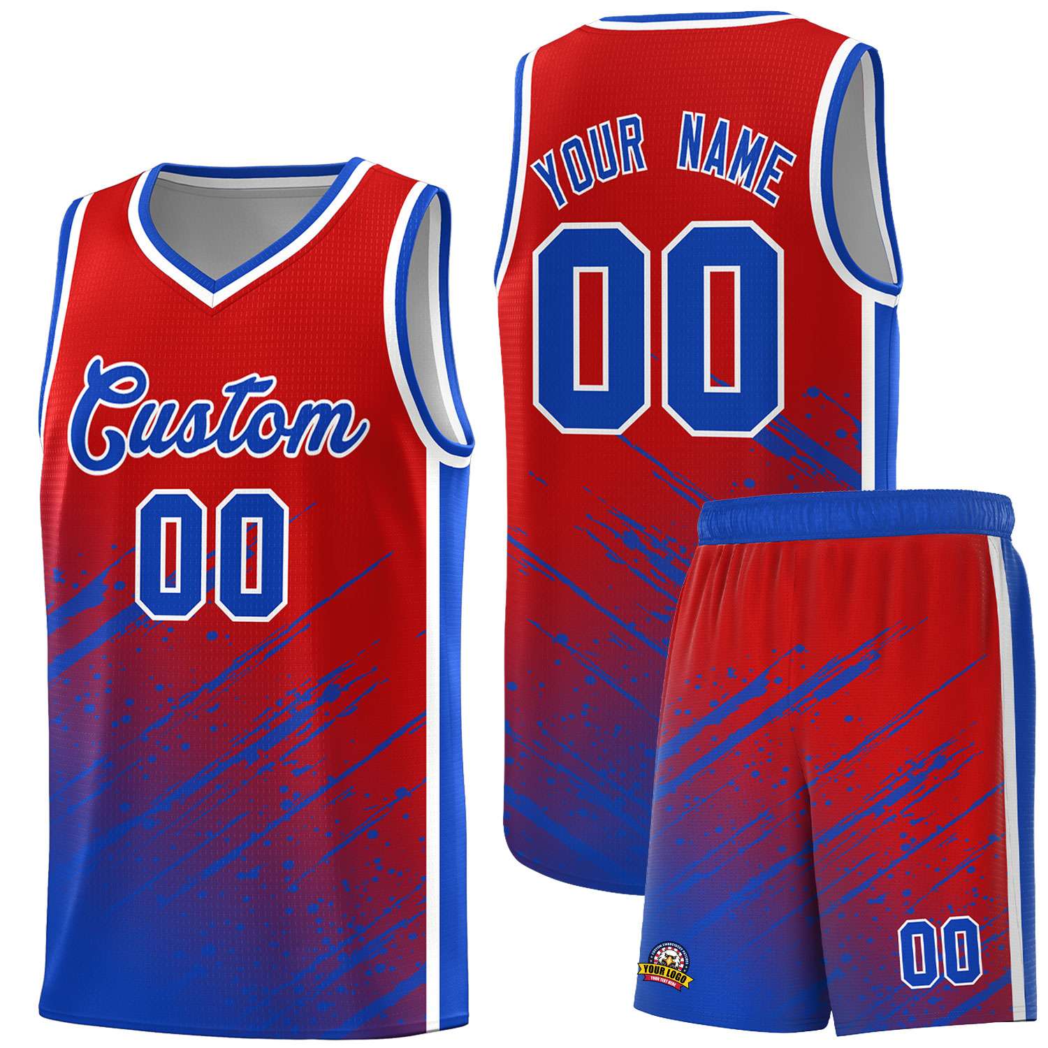 Custom Red Basketball Kits With Royal Paint Graffiti