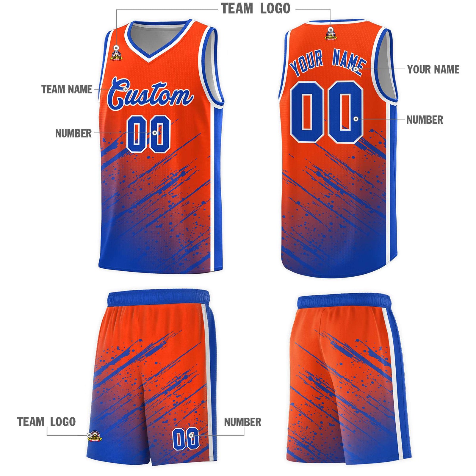 Custom Orange Basketball Kits With Royal Paint Graffiti