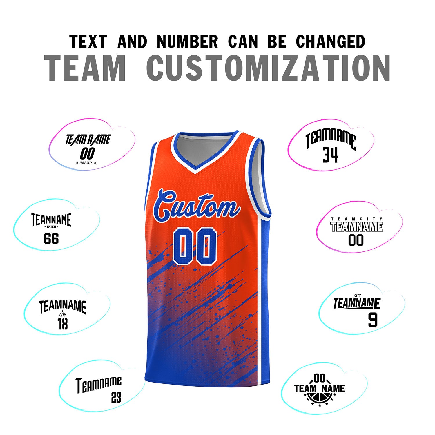 Custom Orange Basketball Kits With Royal Paint Graffiti