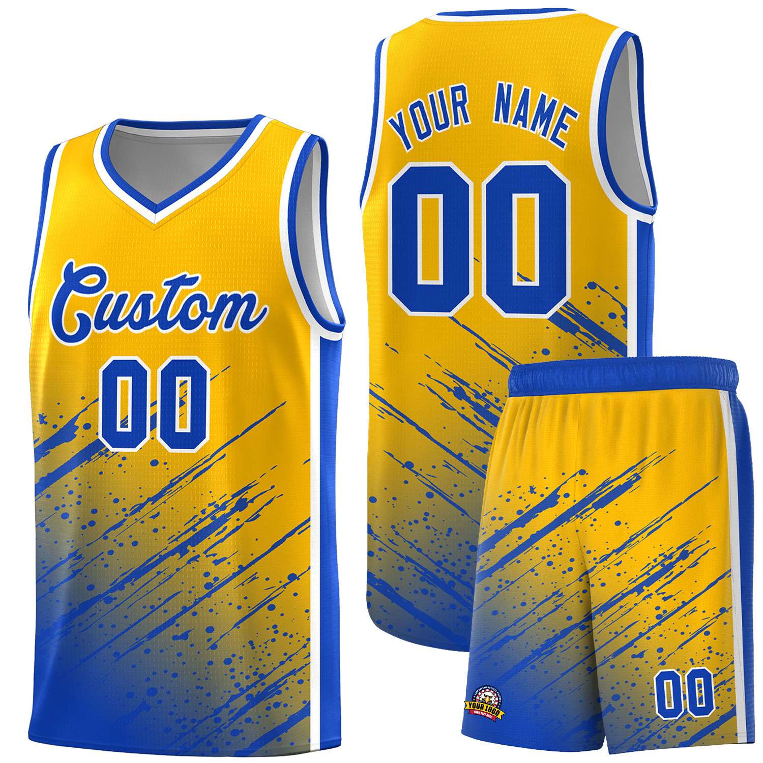 Custom Yellow Basketball Kits With Royal Paint Graffiti