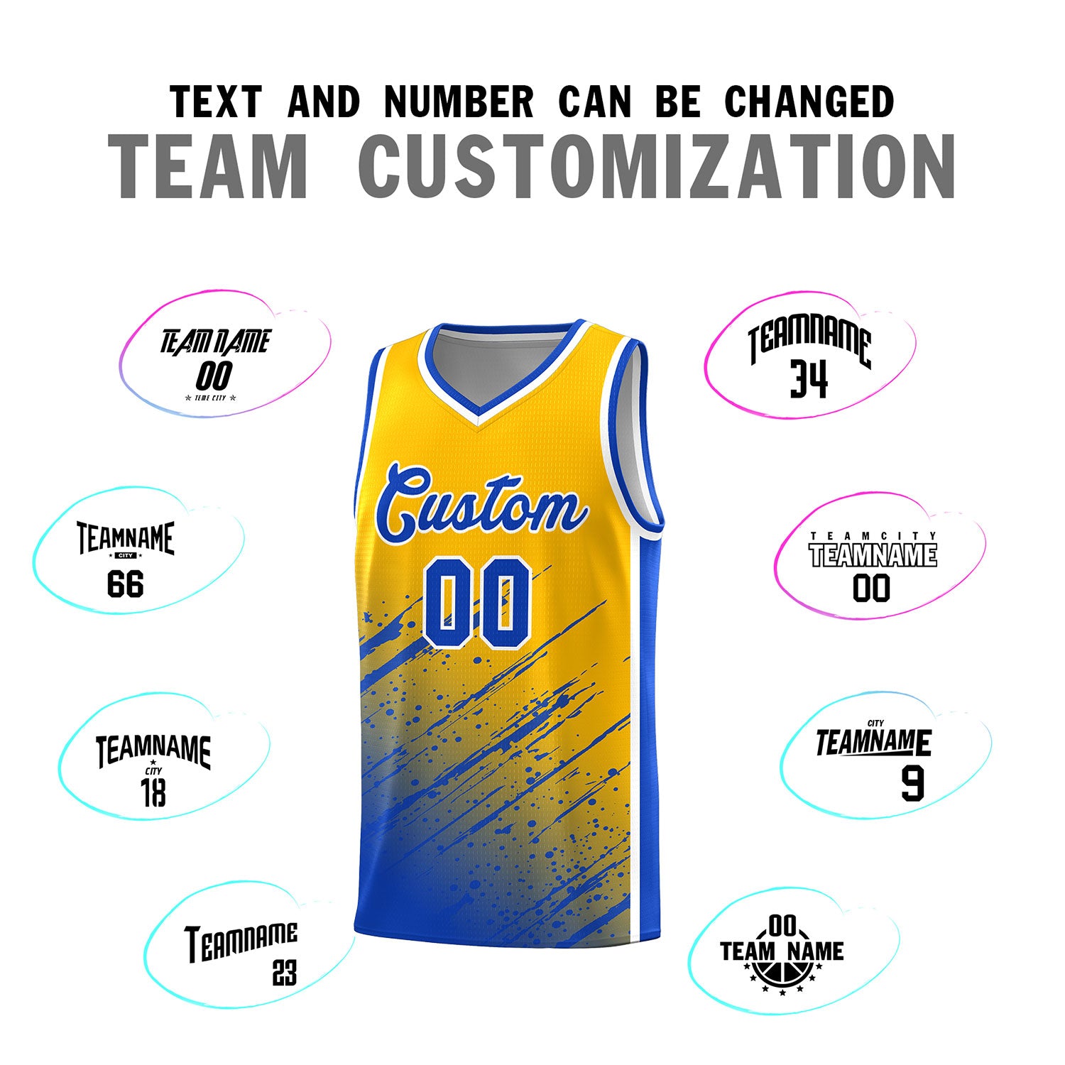 Custom Yellow Basketball Kits With Royal Paint Graffiti