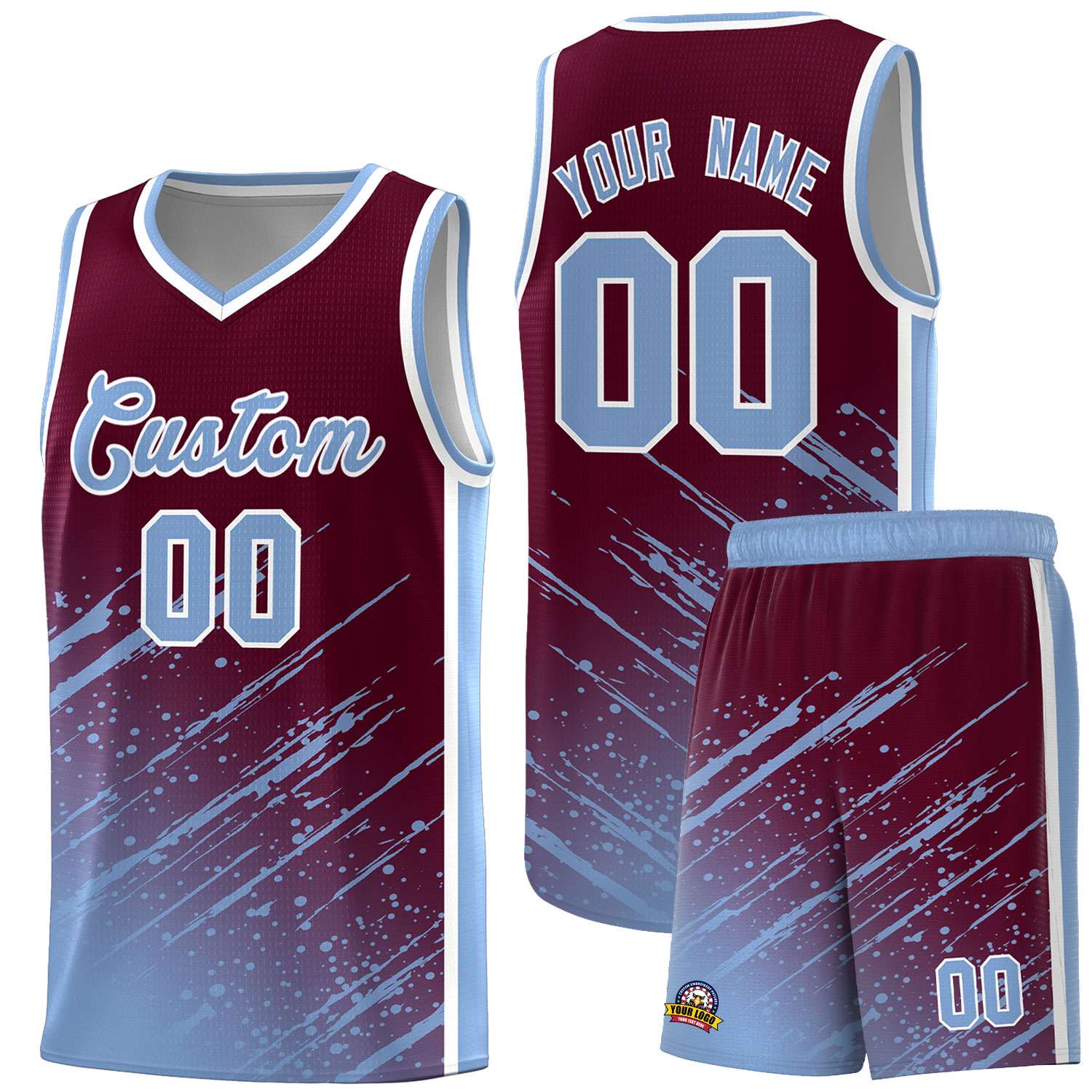 Custom Crimson Basketball Kits With Light Blue Paint Graffiti