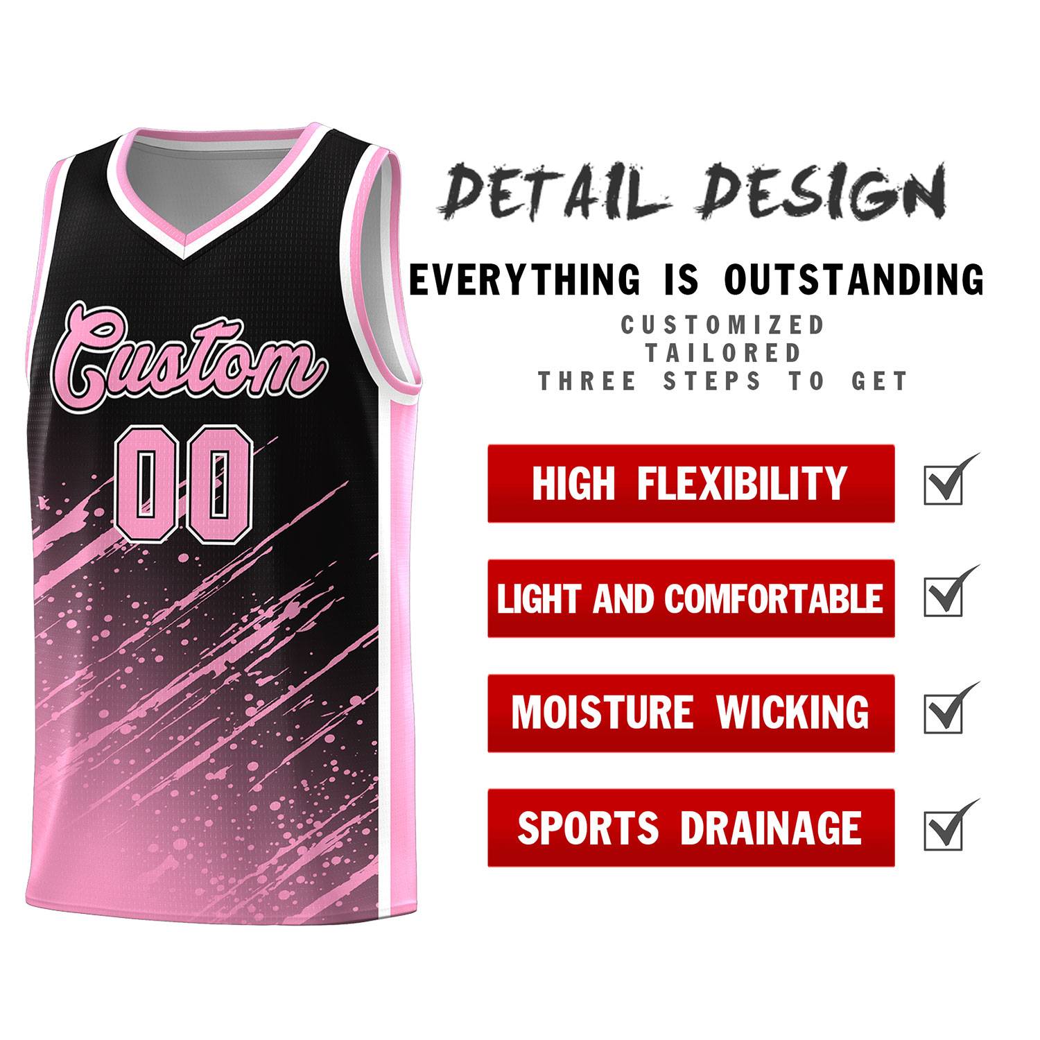 Custom Black Basketball Kits With Light Pink Paint Graffiti