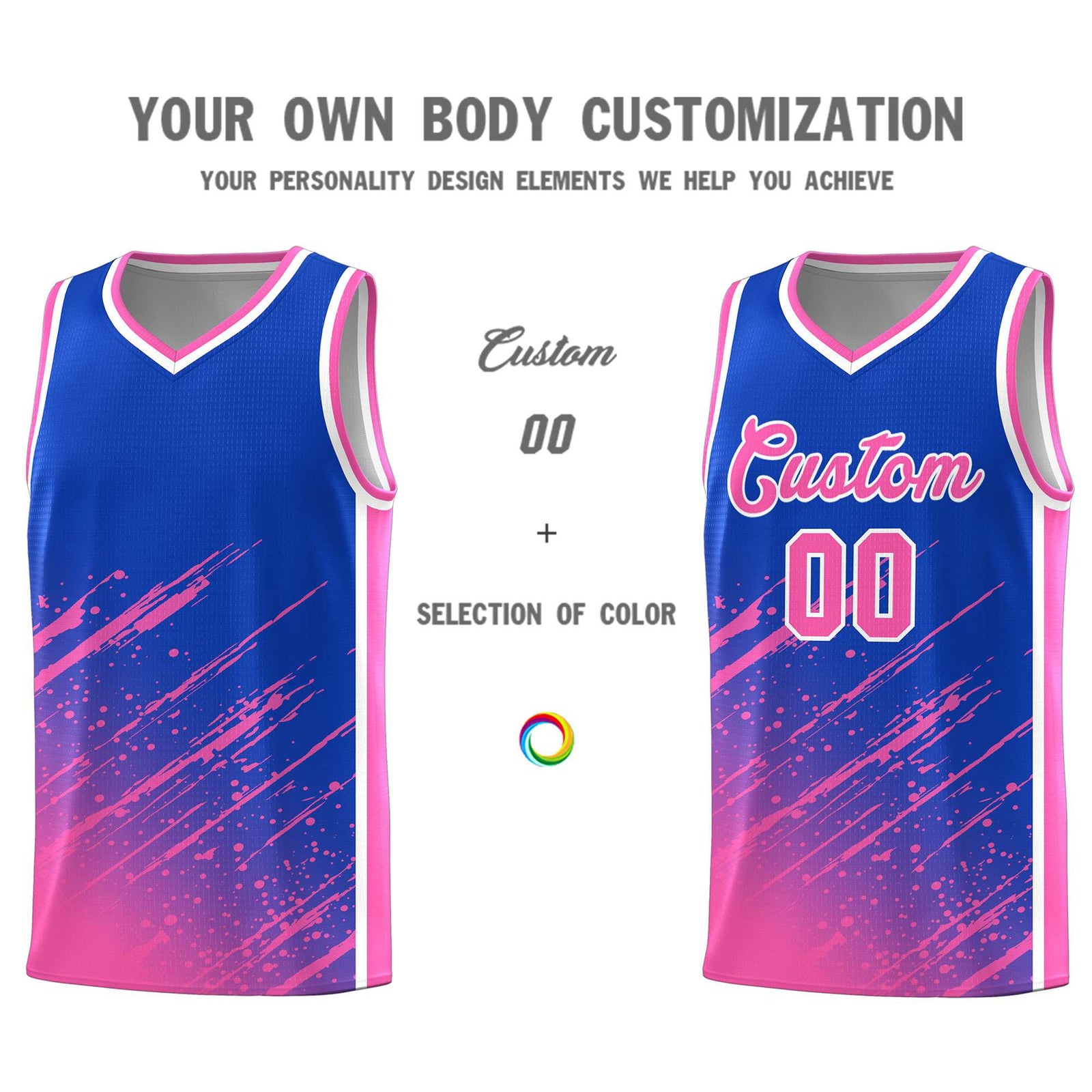 Custom Royal Basketball Kits With Pink Paint Graffiti