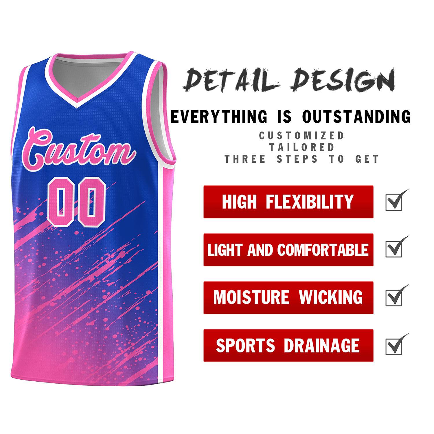 Custom Royal Basketball Kits With Pink Paint Graffiti