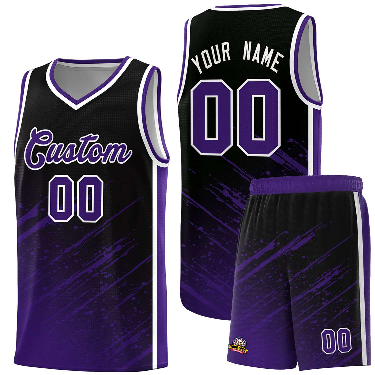 Custom Black Basketball Kits With Purple Paint Graffiti
